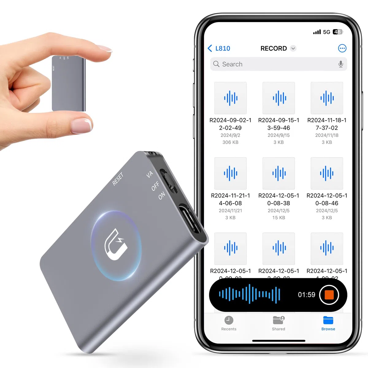 Grabadora de voz digital magnética de 128 GB (1520 horas) - Grabadora activada por voz con triple reducción de ruido inteligente de IA - Dispositivo de grabación de audio para conferencias, reuniones