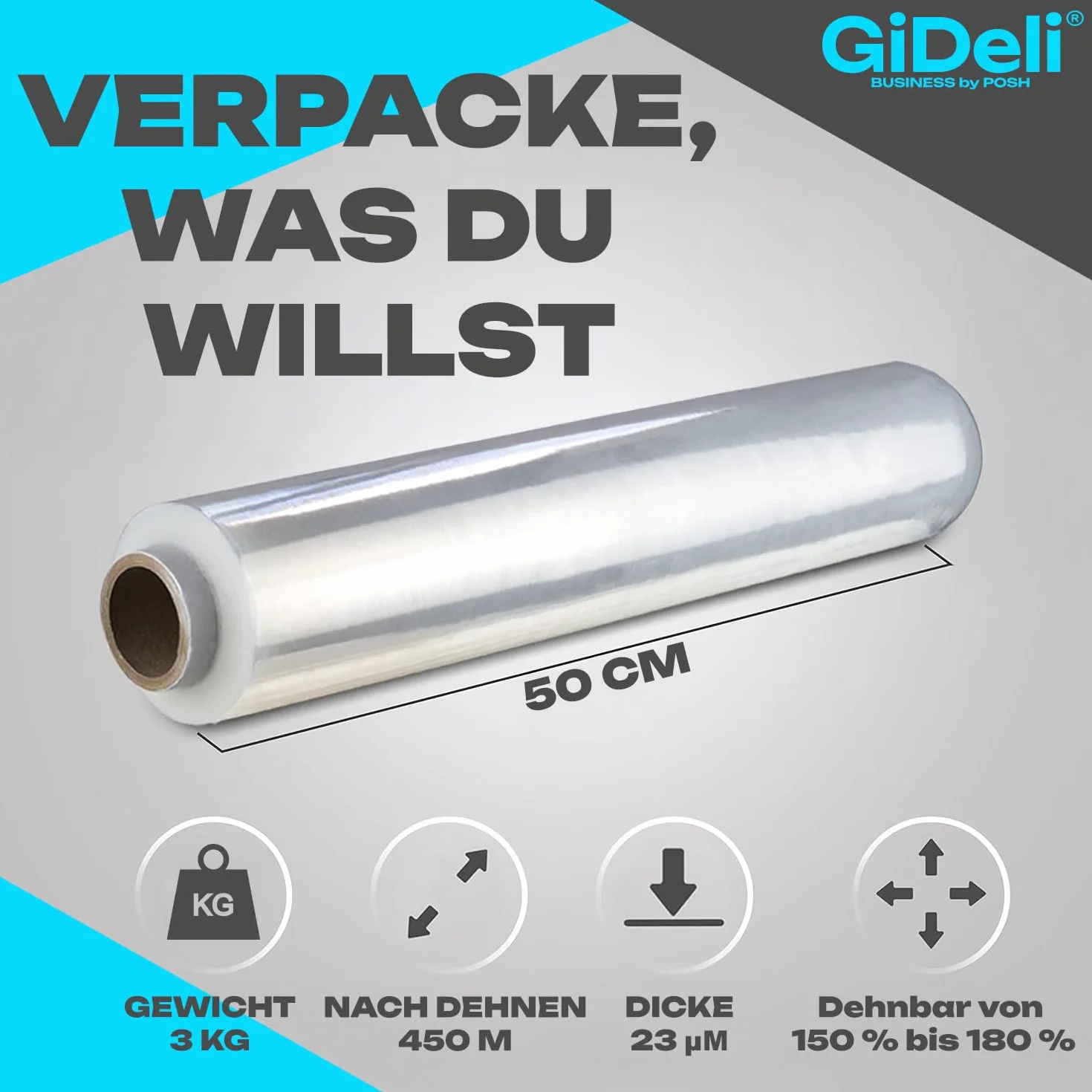 GiDeli Rollo de lámina elástica transparente – 6 x film envolvente – 450 m / 50 cm material de embalaje – lámina de embalaje en rollos – lámina para muebles – películas para mudanzas