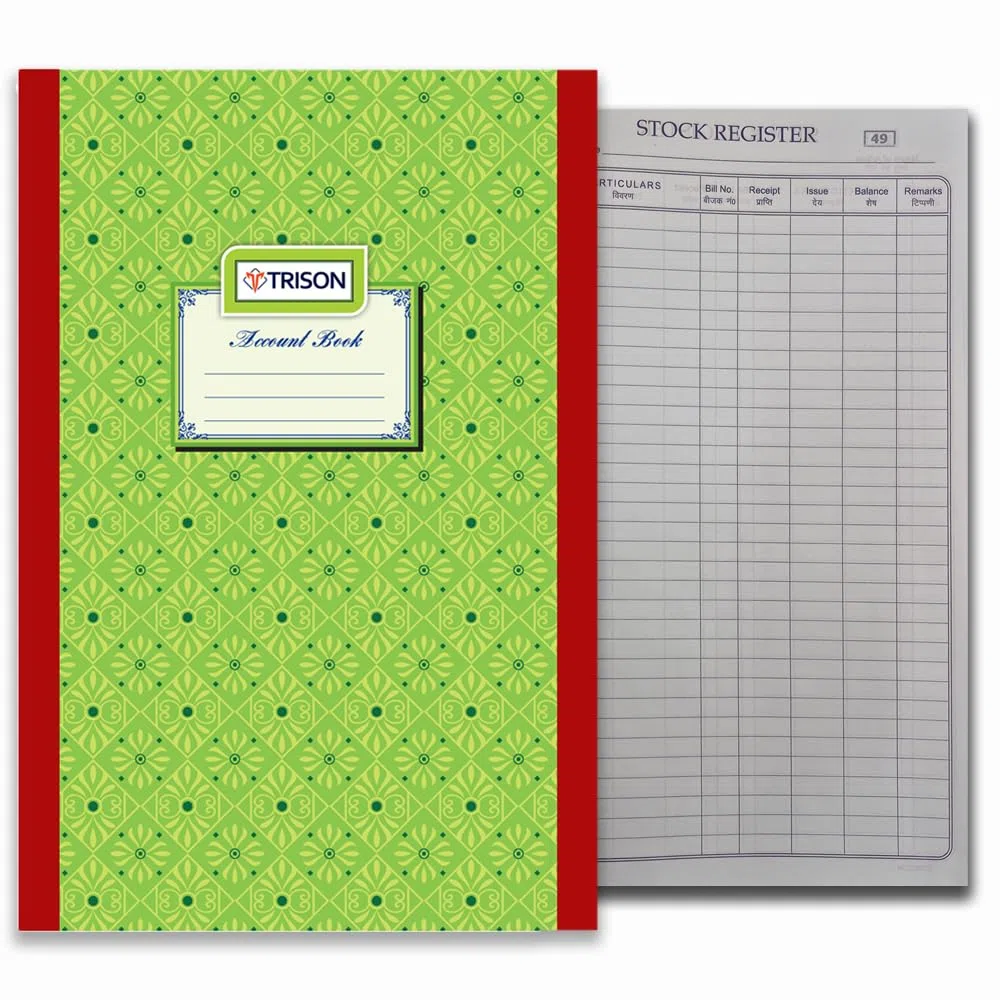 Trison Registro de existencias, 50 páginas (incluyendo páginas de índice), 19 x 31 cm, tapa dura, papel de contabilidad verde, Quire 1, paquete de 1
