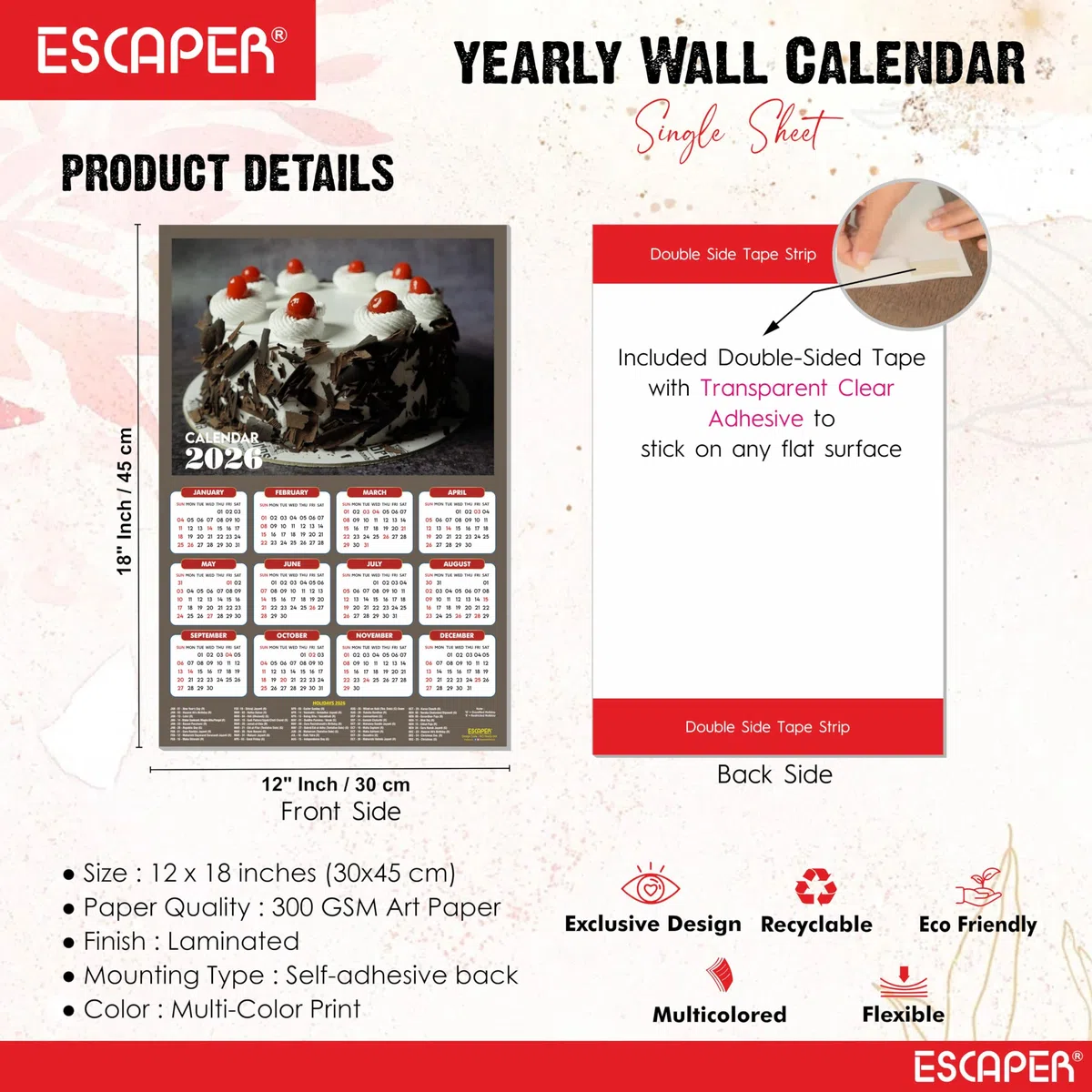 ESCAPER Calendario de pared 2026 con platos de comida, 45 x 30 cm, panadería, cafetería, pizza, comida rápida y cocina china, calendario de decoración de pared para el hogar, cocina y restaurante