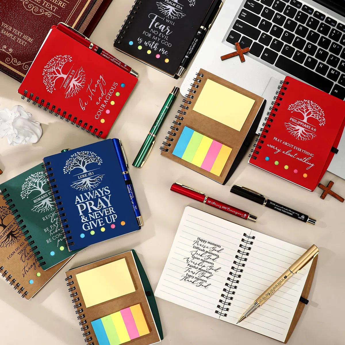 Dunzoom 100 cuadernos de oración de regalo cristiano con notas adhesivas, bolígrafos para estudio bíblico, árbol religioso de la vida, diario A6, regalo inspirador para la escuela de la iglesia