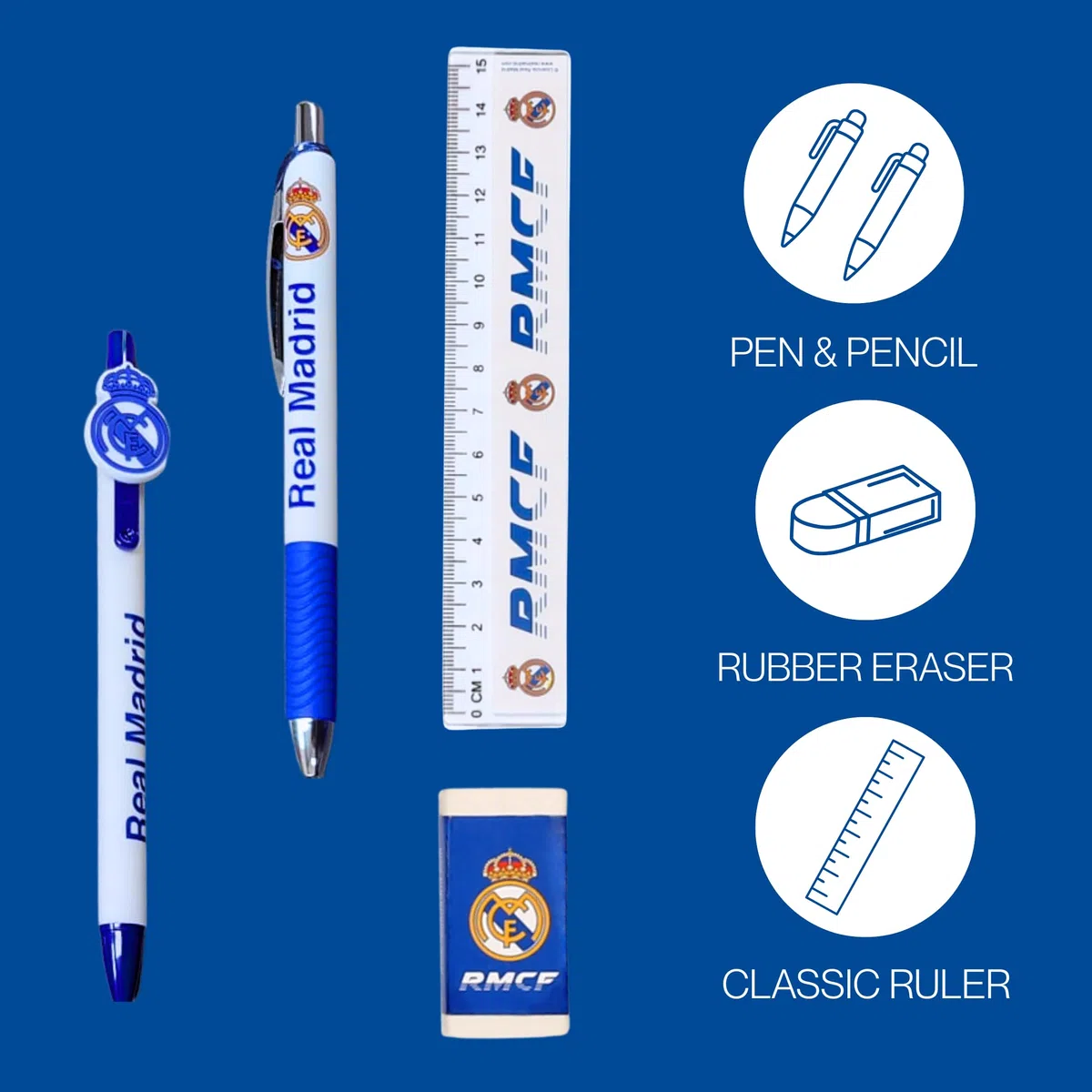 CF REAL MADRID Juego de Papelería para Niños, Incluye Cuaderno Boligrafos Regla Borrador y Botella Cantimplora 650ml, Regalo para Niños