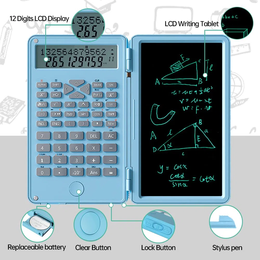 Calculadora científica con tableta de escritura, calculadora profesional plegable de bolsillo, calculadora estándar con bloc de escritura LCD borrable para oficina, hogar, escuela, negocios (azul)