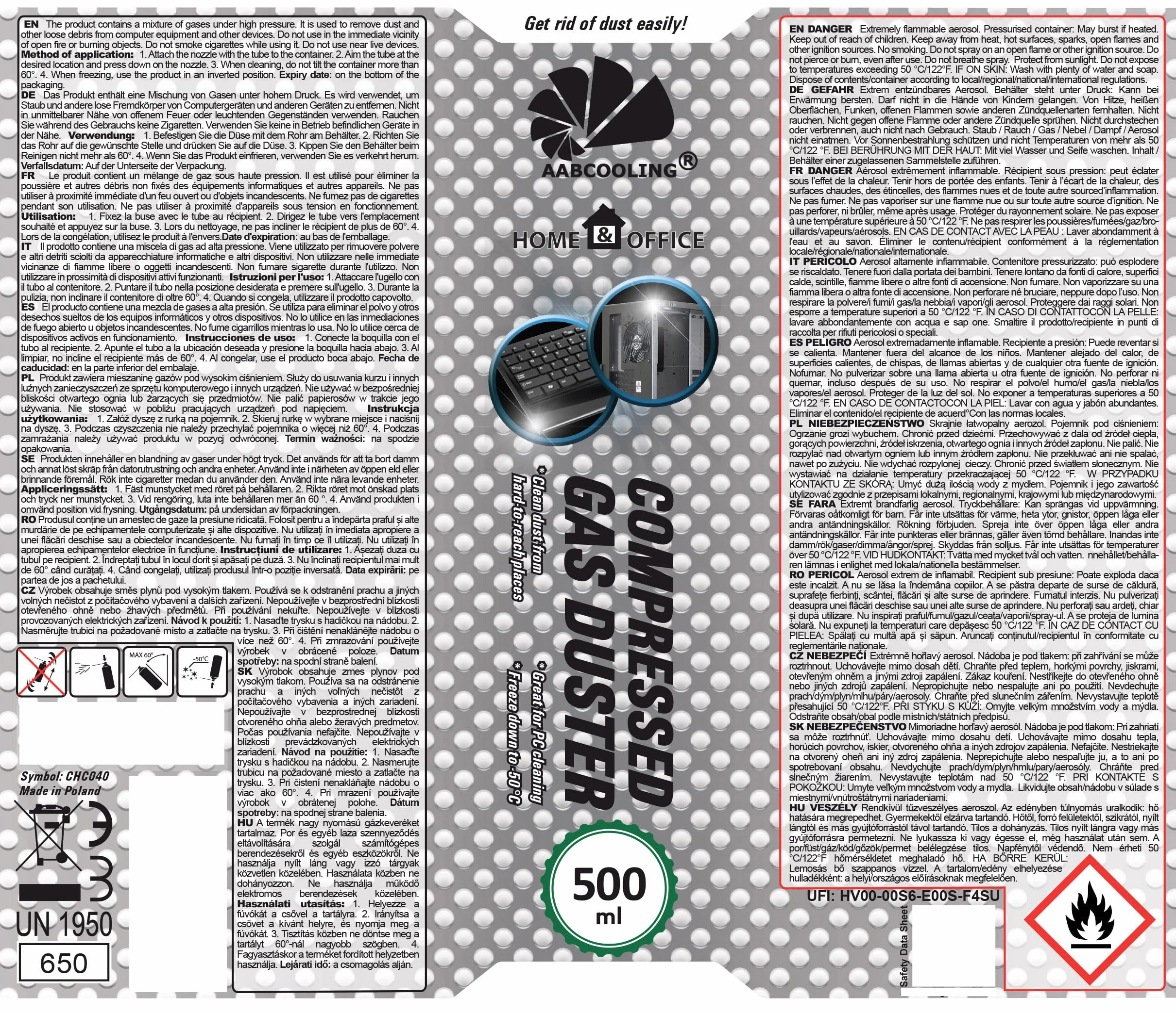 AABCOOLING Home&Office Aerosol de Aire Comprimido 6x500ml – Eliminación de Polvo, Soplador para Ordenadores, Impresoras y Otros Equipos Electrónicos