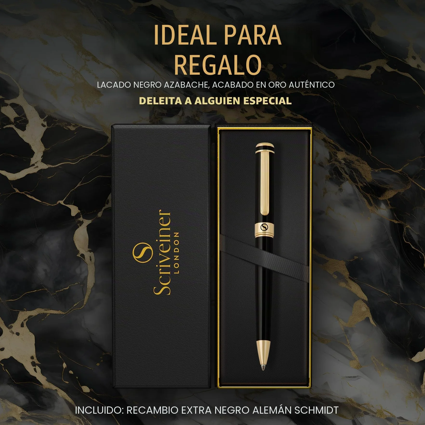 Scriveiner Bolígrafo Bolígrafo de Gama Alta Negro con Chapado en oro auténtico, Recambio Negro Schmidt, Regalos Hombre y Mujer, Bolígrafos Profesionales de Diseño