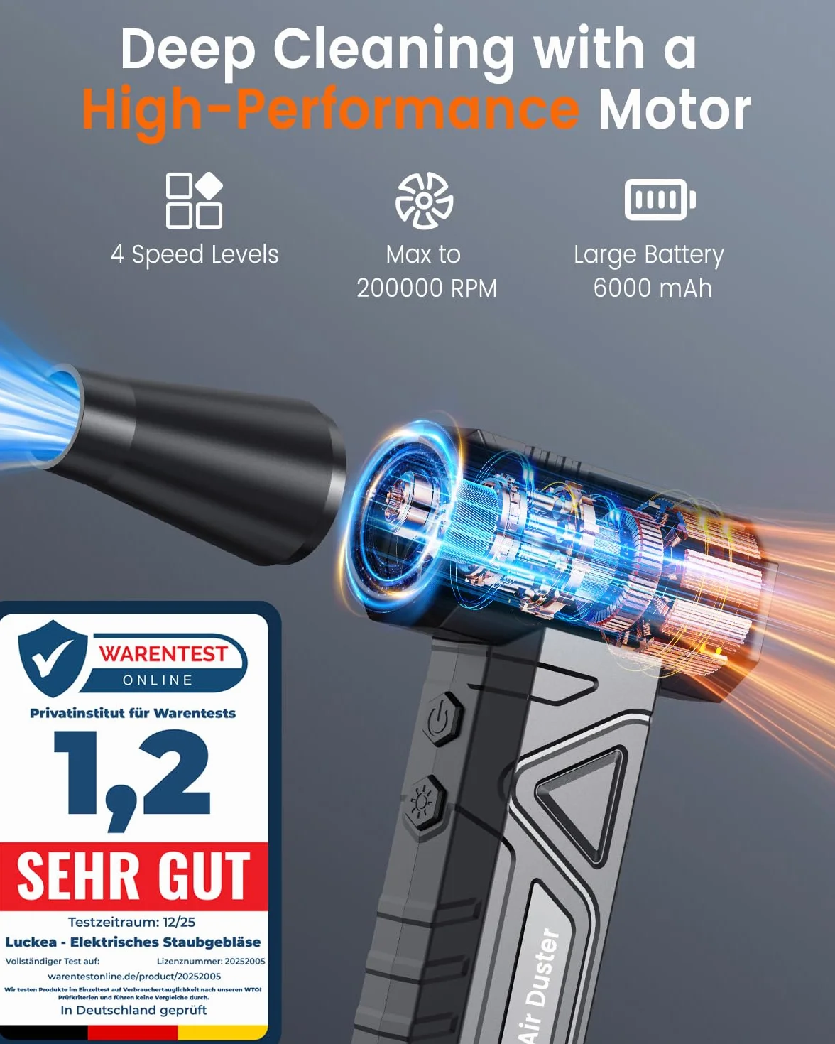 Soplador de Aire Potente 200000 RPM - Air Duster de 4 Etapas con Luz LED, Batería 6000 mAh, Aire Comprimido Limpieza PC, Teclado, Electrónica, Sustituto de Spray Aire Comprimido, W18, Negro