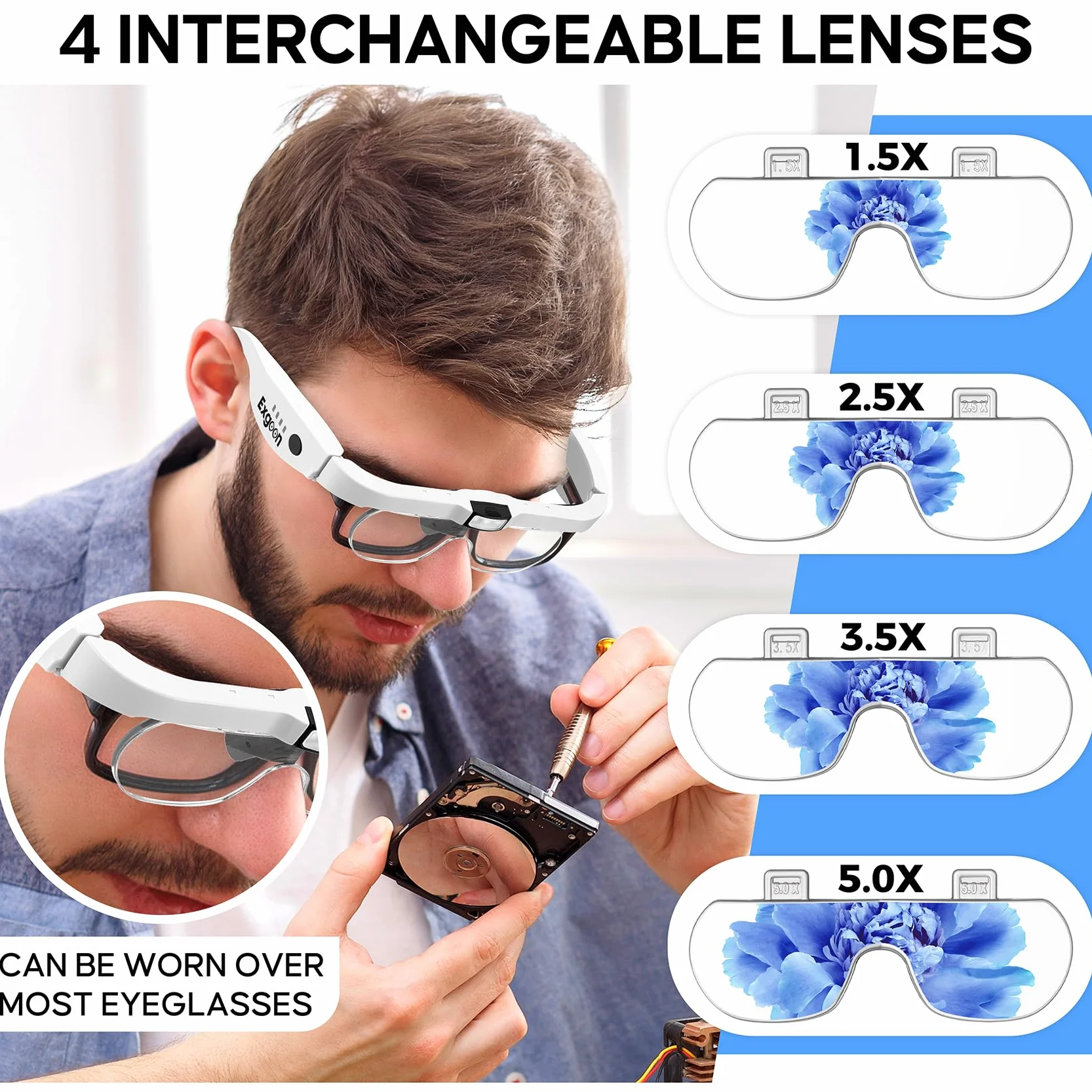 Gafas Lupa con luz led, Aumento de 1.5X a 5X con 4 Lentes reemplazables, Lupa Recargable Manos Libres con luz para Manualidades, Pintura de Diamantes y joyería (Blanco)