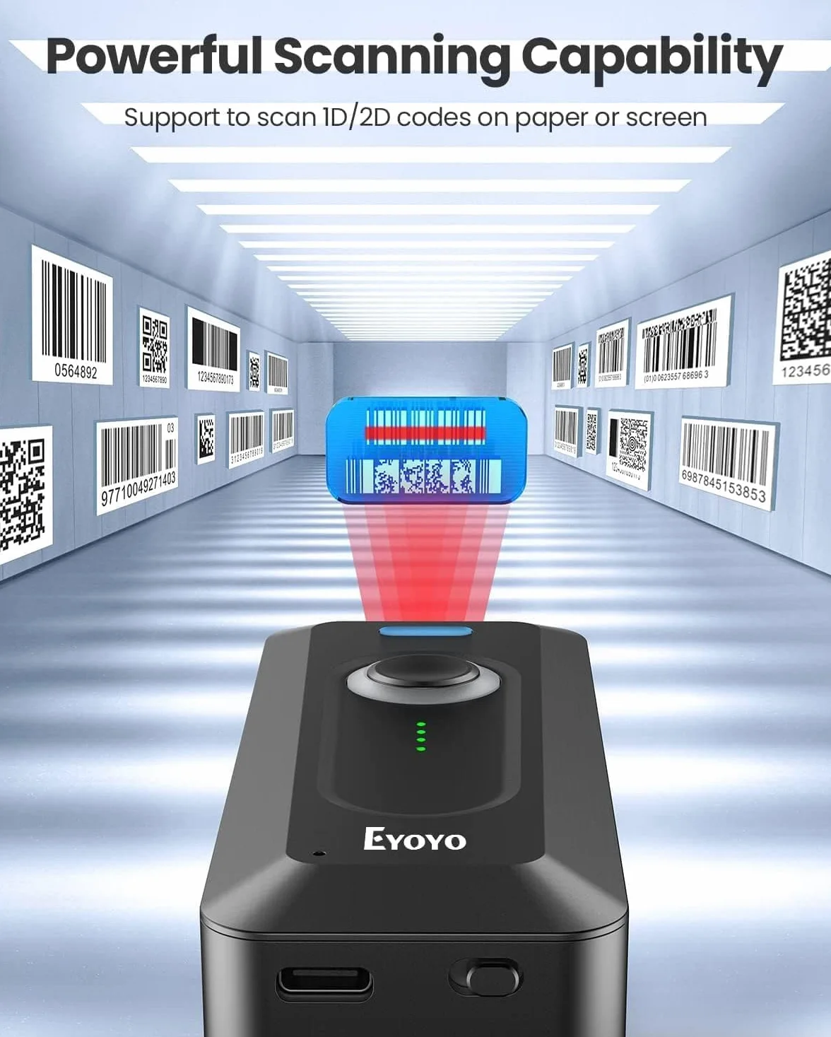 Eyoyo 2D QR Bluetooth Escáner de Código de Barras Inalámbrico con Clip, 2000mAh