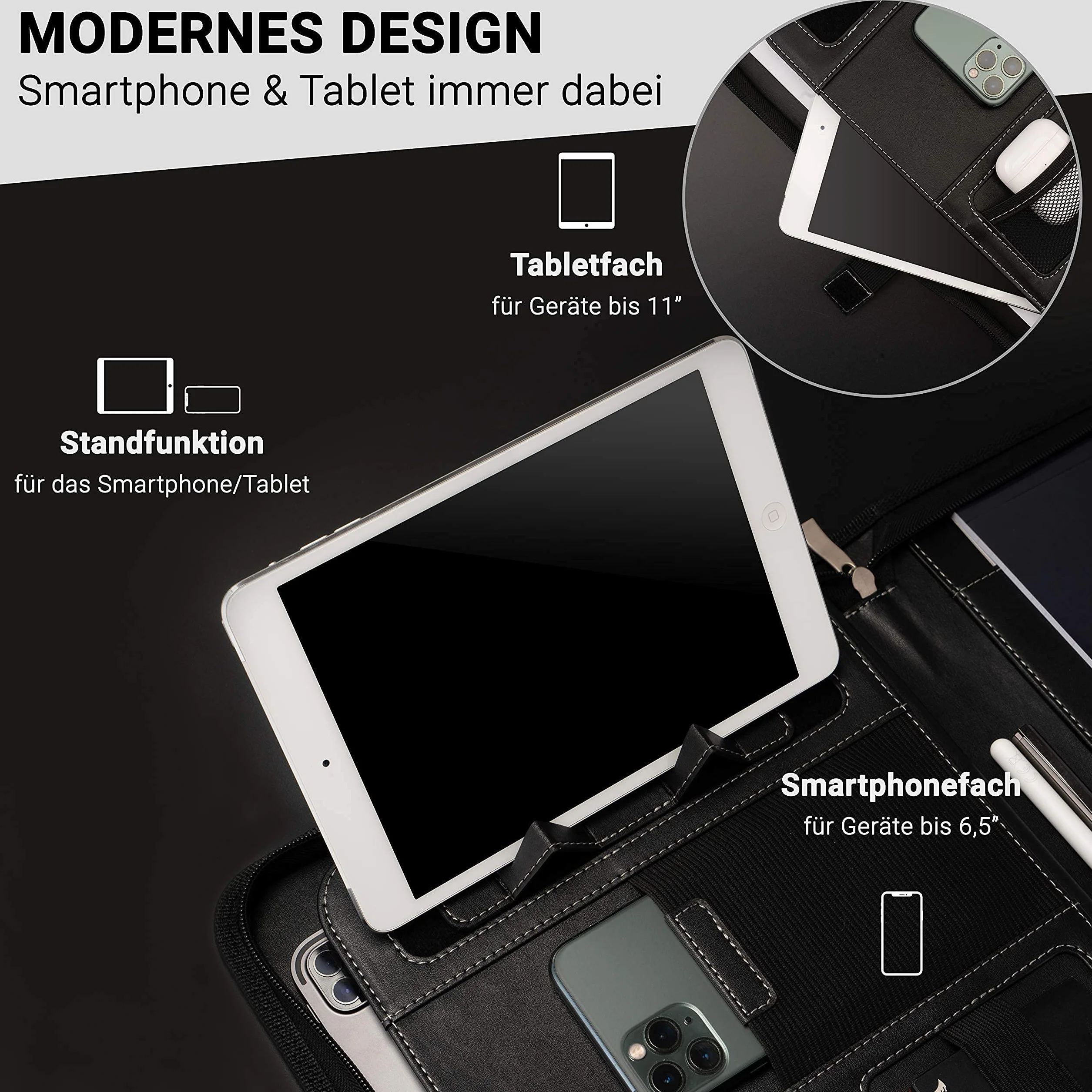 Portadocumentos A4 Premium con doble cremallera y compartimento de 13 pulgadas para la tableta, IPad Carpeta de Conferencias profesional de PU-cuero para hombres y mujeres