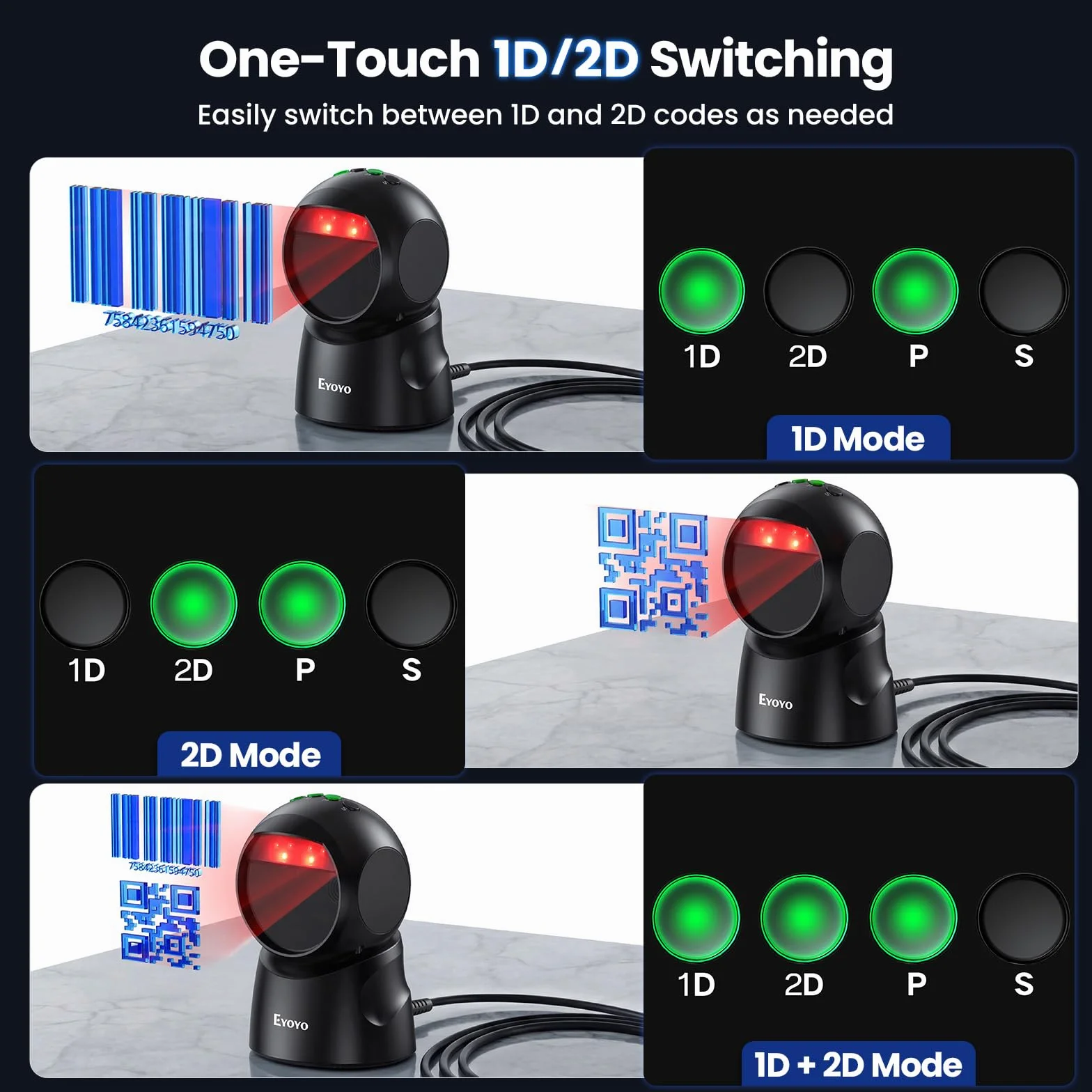 Escáner de códigos de barras de escritorio USB Eyoyo, lector de códigos de barras automático omnidireccional manos libres 2D QR, escaneo con cable para PC, punto de venta, biblioteca, librería, minori