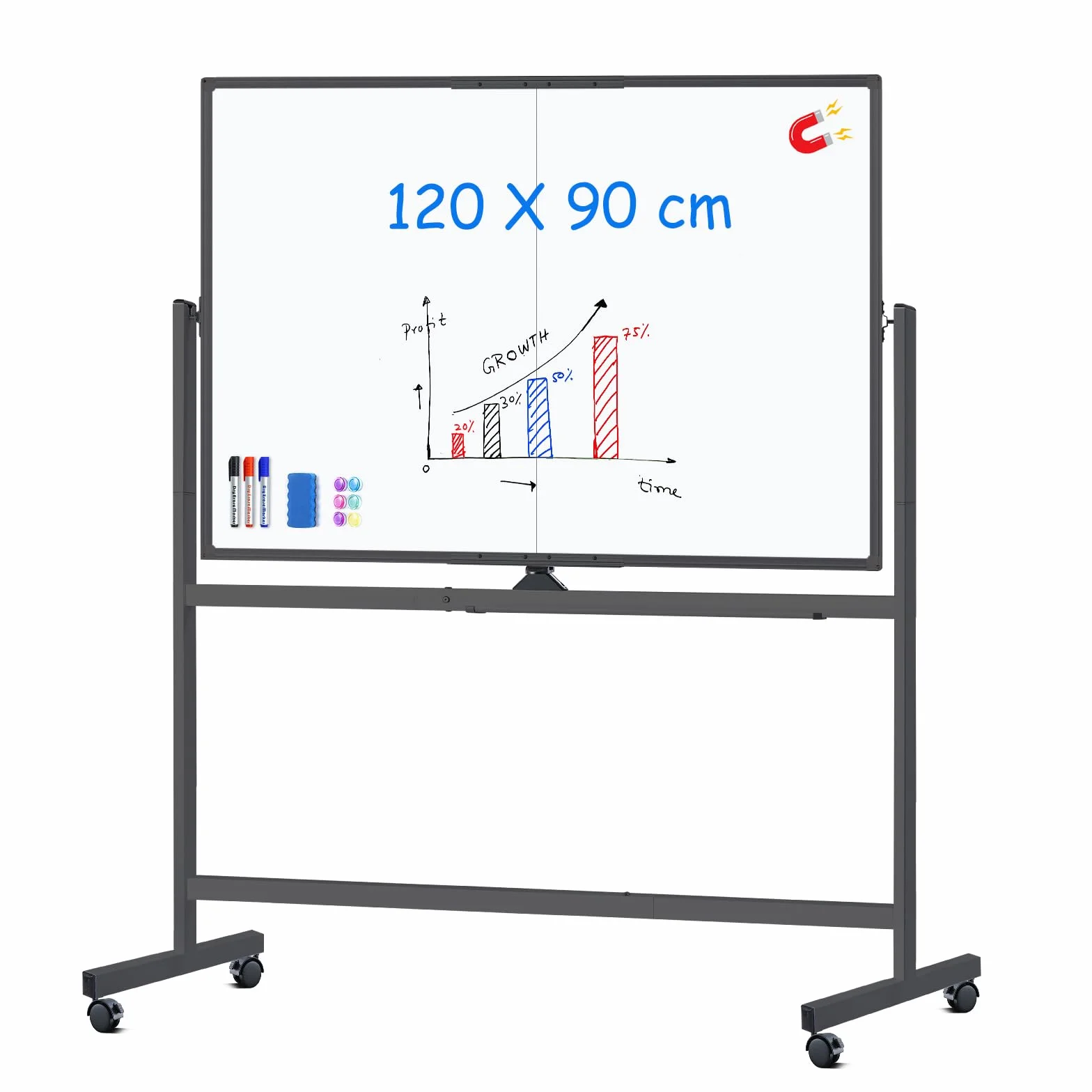 maxtek Pizarra Blanca con Ruedas 120 x 90 cm, Pizarra Magnética Grande de Doble Cara con Marco de Aluminio Negra, con Marcadores, Imanes y Borrador de Pizarra, Pizarra Móvil para Oficina