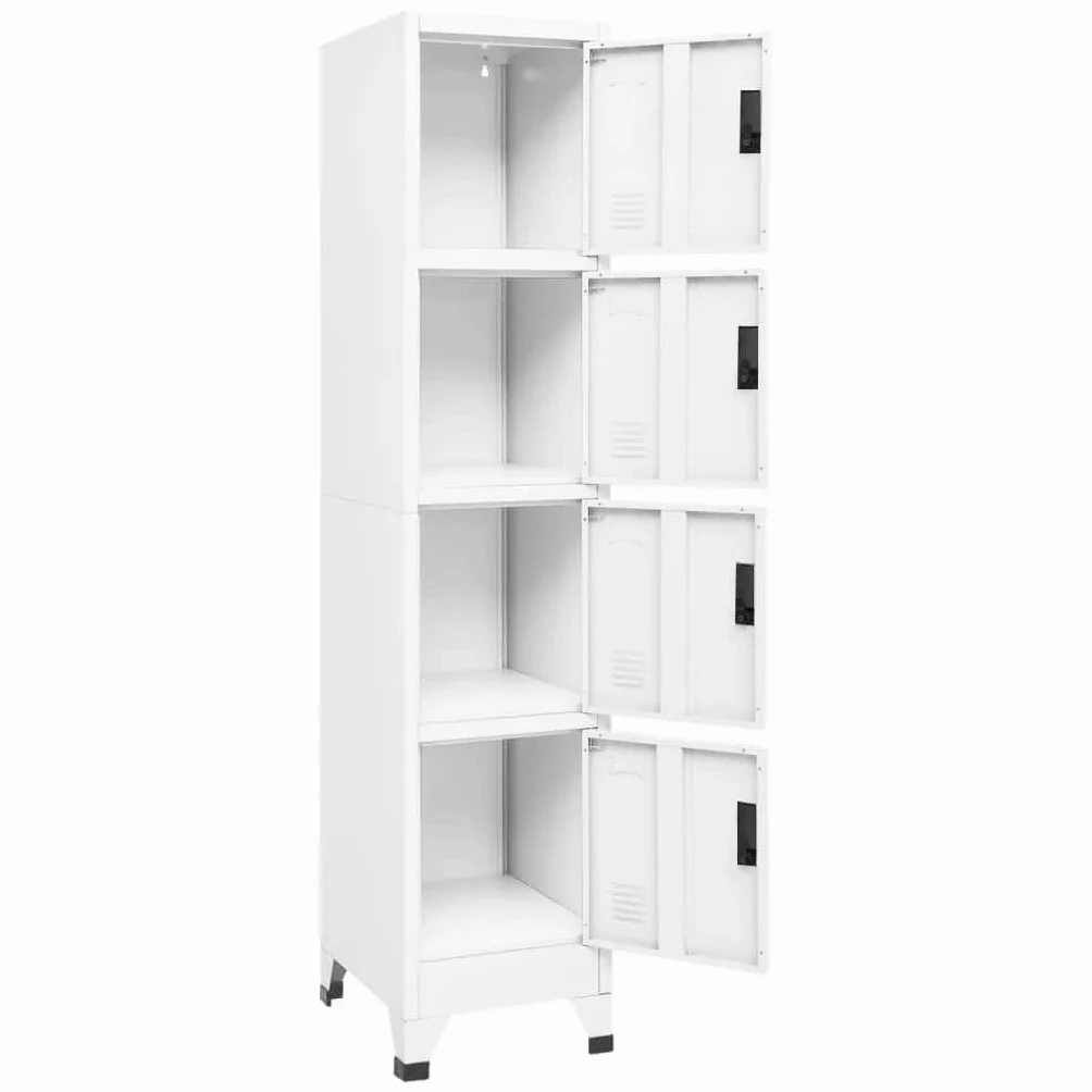 Armario, blanco, 38 x 45 x 180 cm, acero resistente, 4 puertas con cerradura, riel de ventilación, ideal para oficina, escuela, almacenamiento seguro, versátil