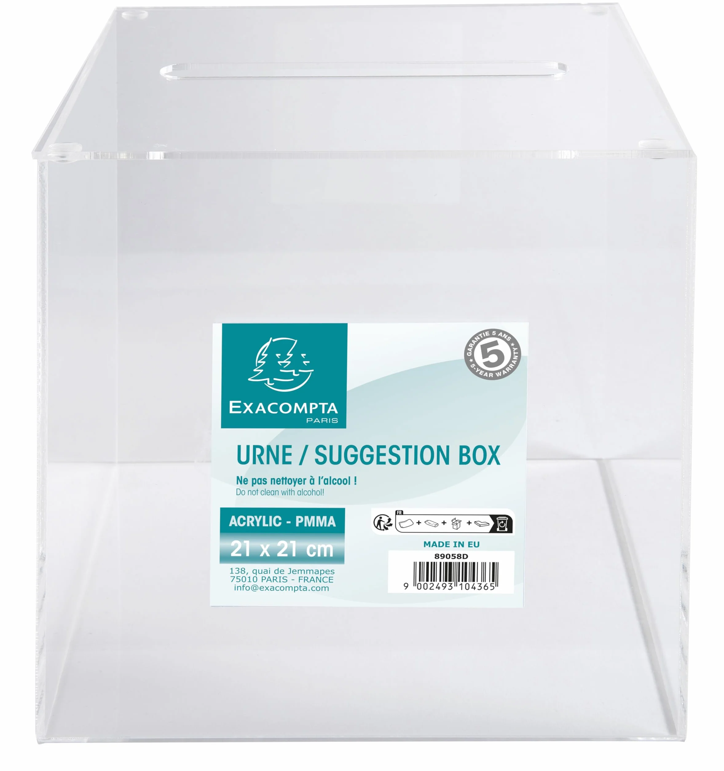 Exacompta - Ref. 89058D - 1 urna transparente con tapa 21 cm - Dimensiones 210 x 210 x 210 mm - PMMA (acrílico) scrutines, concursos, sorteos, donaciones benéficas, caja de ideas - Color Cristal