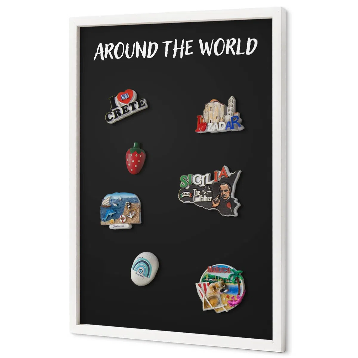 Pizarra Magnética de Pared 40x60 cm | con Marco Blanco | Around The World | Montaje Fácil | Tablero Imantado | Para Imanes Turísticos, Recuerdos de Viaje y Fotos | Decoración para Salón o Pasillo