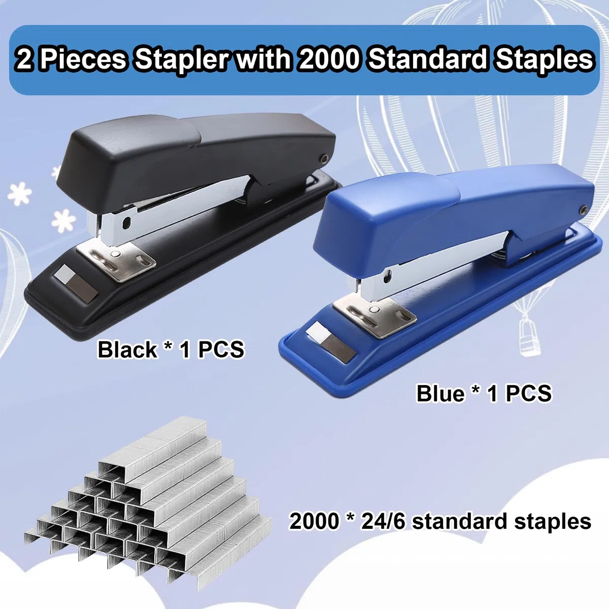 smilixin 2 grapadoras, 25 hojas de capacidad con 2000 grapas estándar, grapadoras de escritorio resistentes, grapadoras de oficina, grapadoras de escritorio para oficina escolar, negro y azul