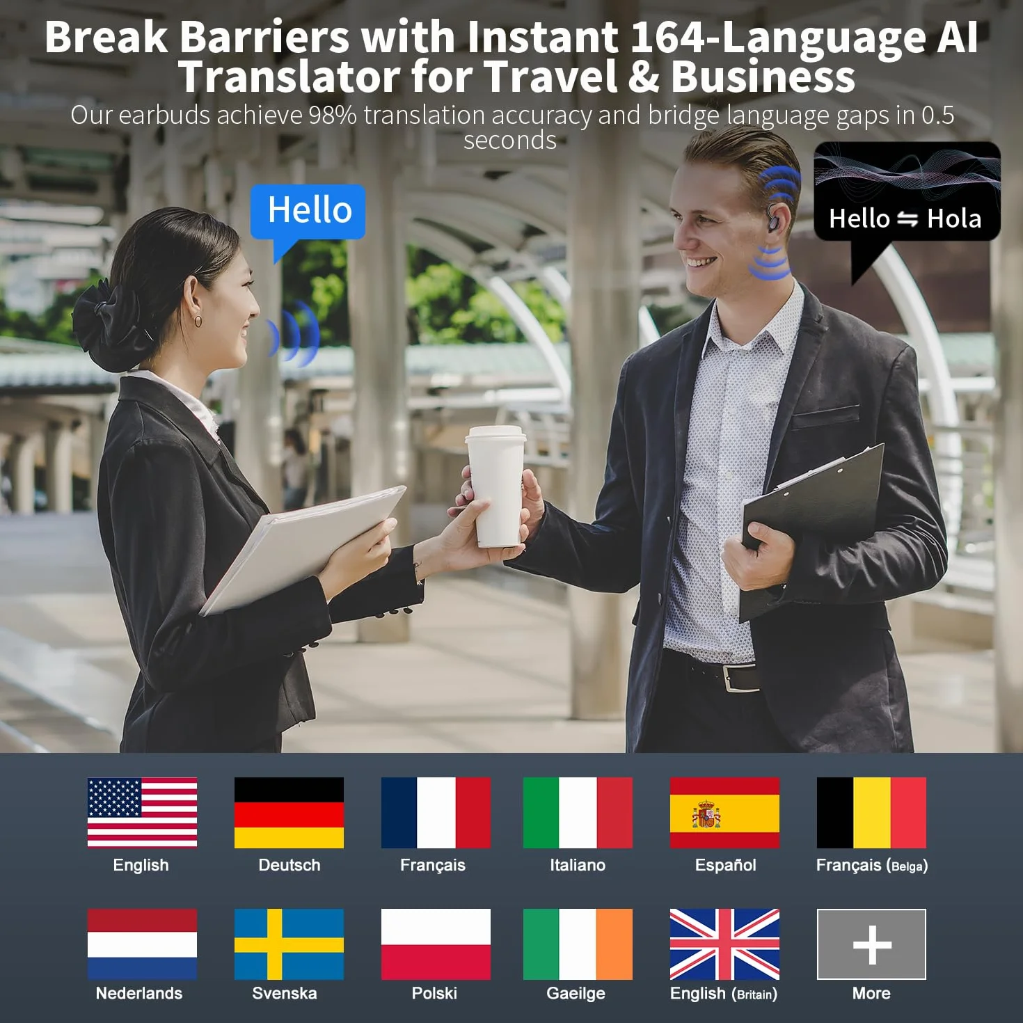 OYIB Auriculares Traductores en Tiempo Real, 3 in 1 AI auriculares Traductor de Idiomas 164 Idiomas con APP, 50H Cascos Inalambricos Bluetooth 5.4 con Control Táctil con luz LED para Viajes, Reuniones