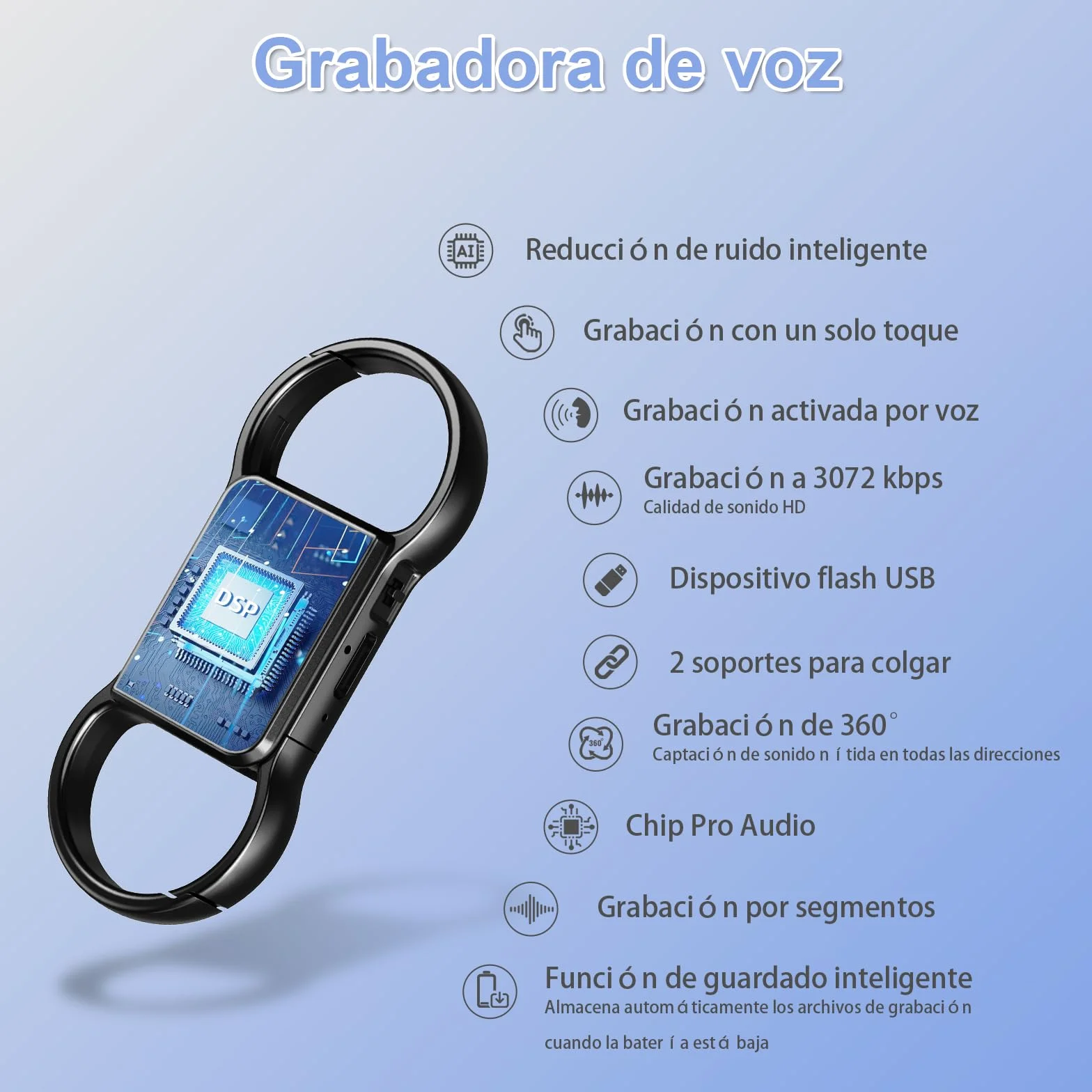 Grabadora de Voz 3072Kbps, Mini Grabadora de Voz 64GB, Grabadora Voz y Activación por Voz, Capacidad de 4800 Horas, cancelación Inteligente de Ruido DSP Recargable por USB Mini Grabadora de Voz