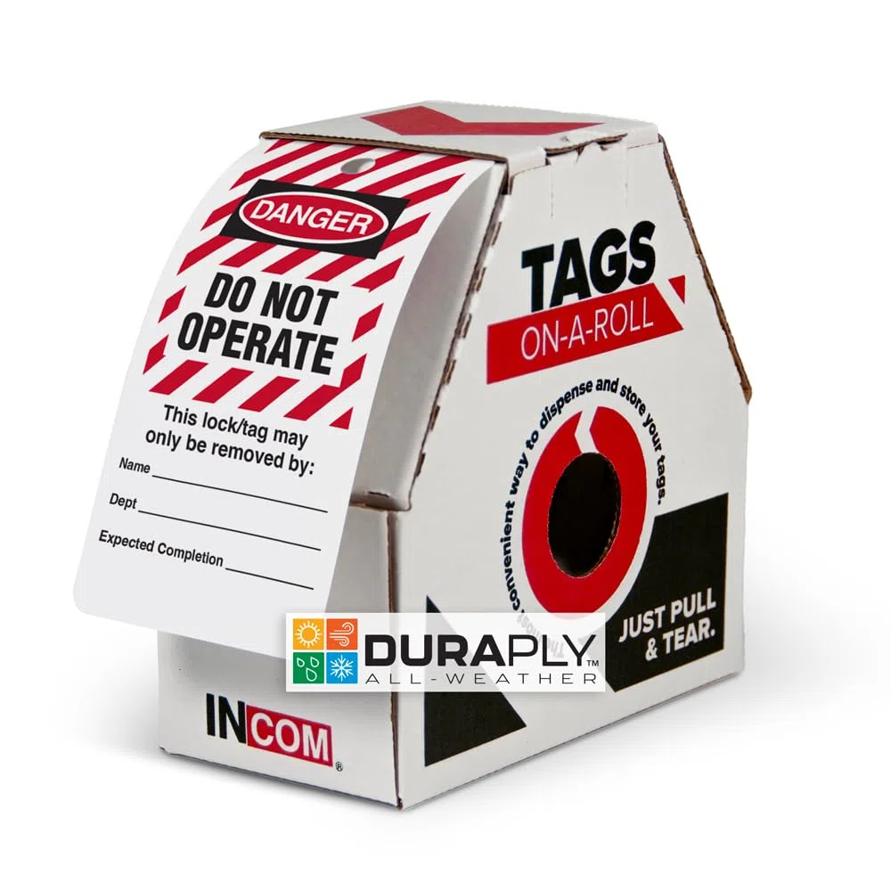 Etiquetas de bloqueo en un rollo, peligro de no operar (rayas) | Material DuraPly resistente | Impermeable y resistente al desgarro | Rojo/Negro sobre blanco | 6.25 pulgadas x 3 pulgadas x 10 mil de