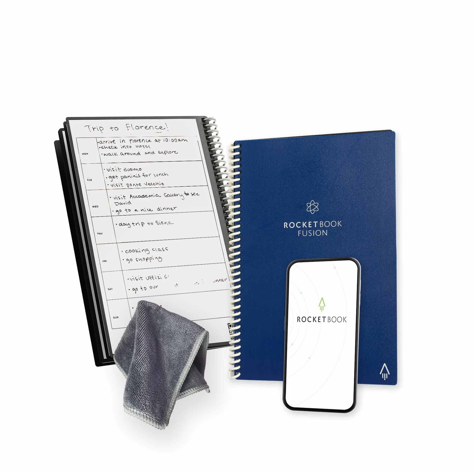 Rocketbook Fusion - Planificador de productividad reutilizable sin fecha, 15 cm x 22,4 cm, color azul, objetivos, calendario mensual y semanal, lista de tareas diarias, páginas rayadas y punteadas
