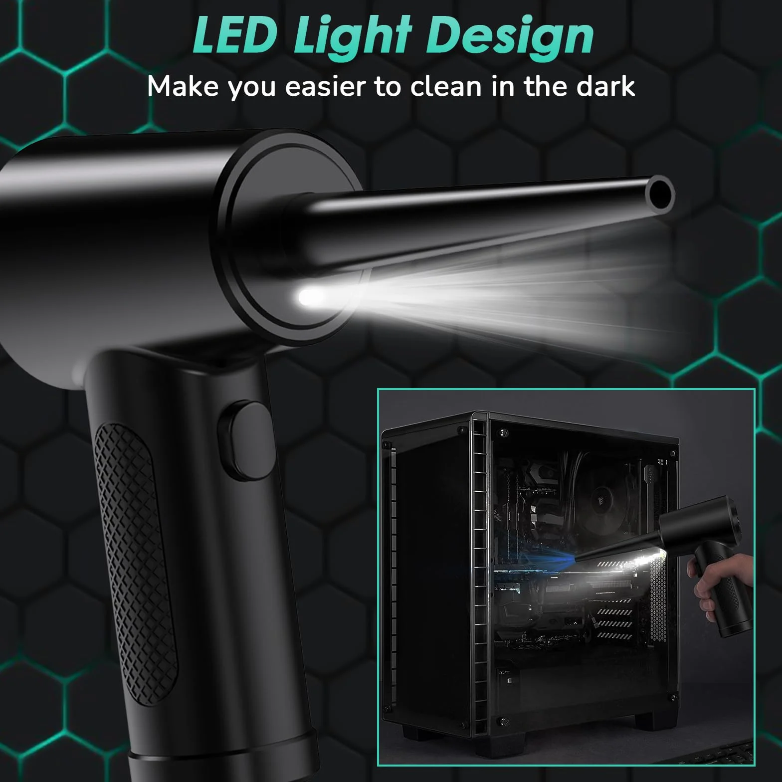 Soplador de Polvo Eléctrico,3 Velocidades 100000 RPM Aire Comprimido Limpieza PC,Plumero Electrico Con batería de 6000mAh,Aire Comprimido Con LED para Laptop,Teclado,Coche,Oficina