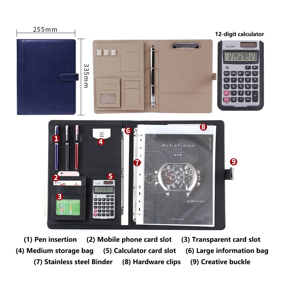 Funda de cuero para conferencias A4 con cremallera, maletín impermeable para reuniones de negocios, carpeta de anillas, portapapeles, bloc de notas, carpeta de portafolio, carpeta organizadora de