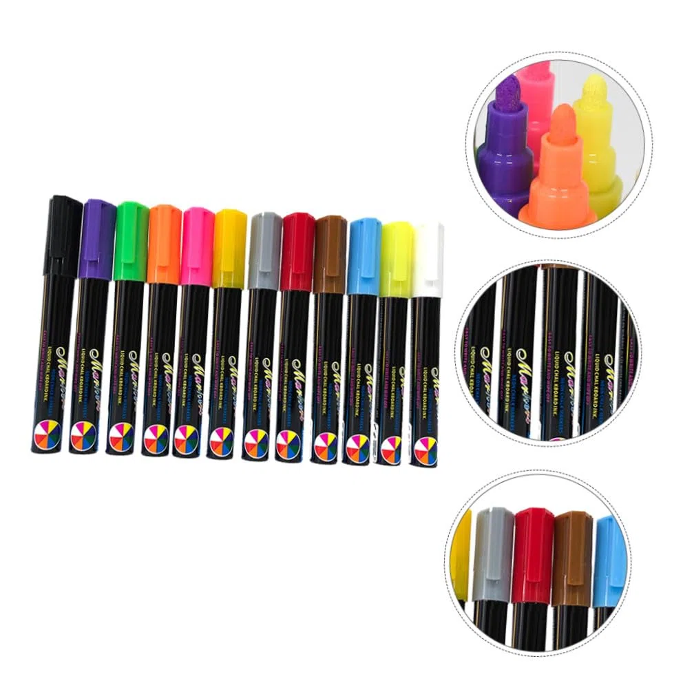 Set de 12 Rotuladores Fluorescentes Borrables de 6mm para Pizarra | Punta Redonda, Tinta Líquida, Uso en Panel LED Fluorescente, Paquete de 12 Unidades