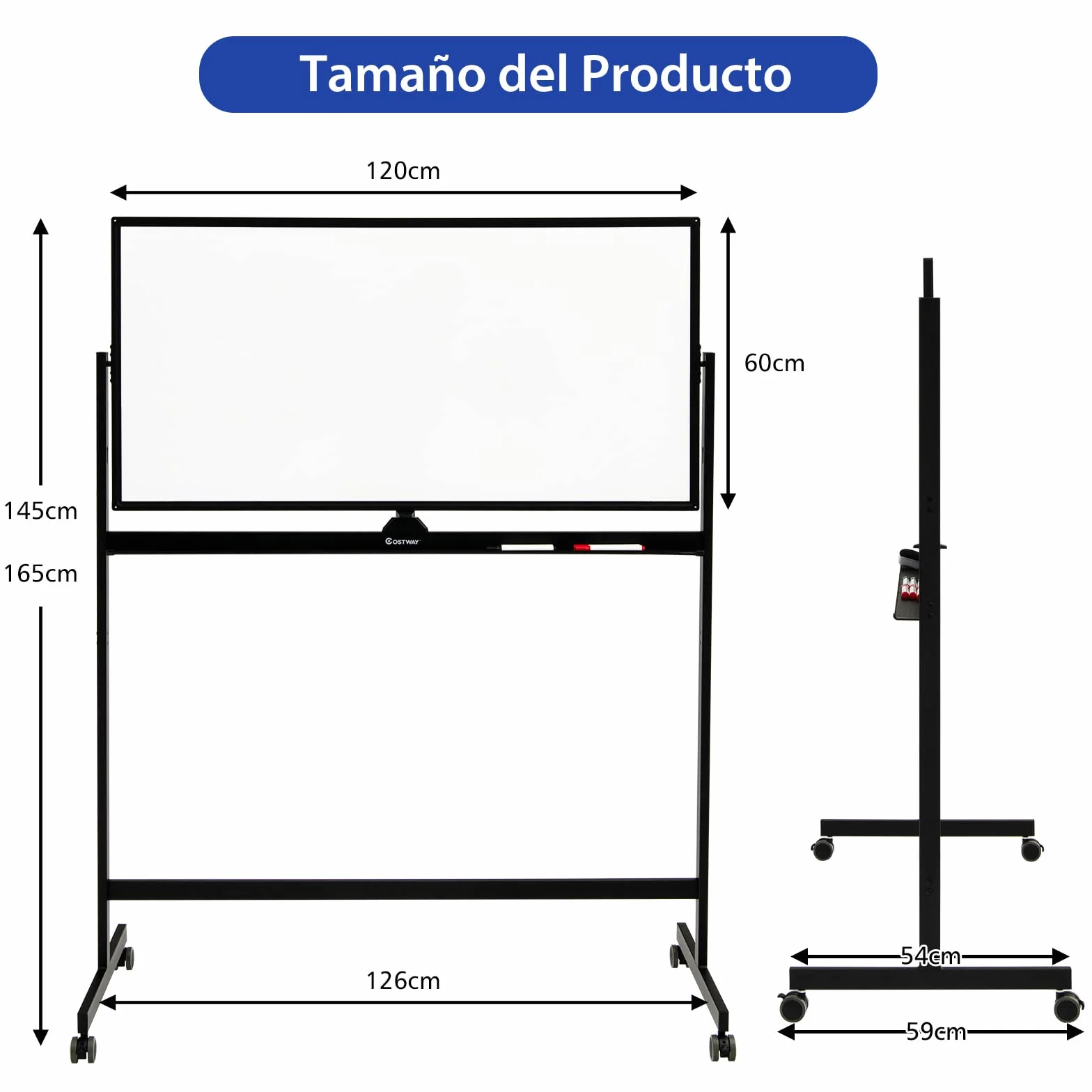 COSTWAY Pizarra Móvil Magnética Doble Cara 120x60 cm con Ruedas, Ajustable