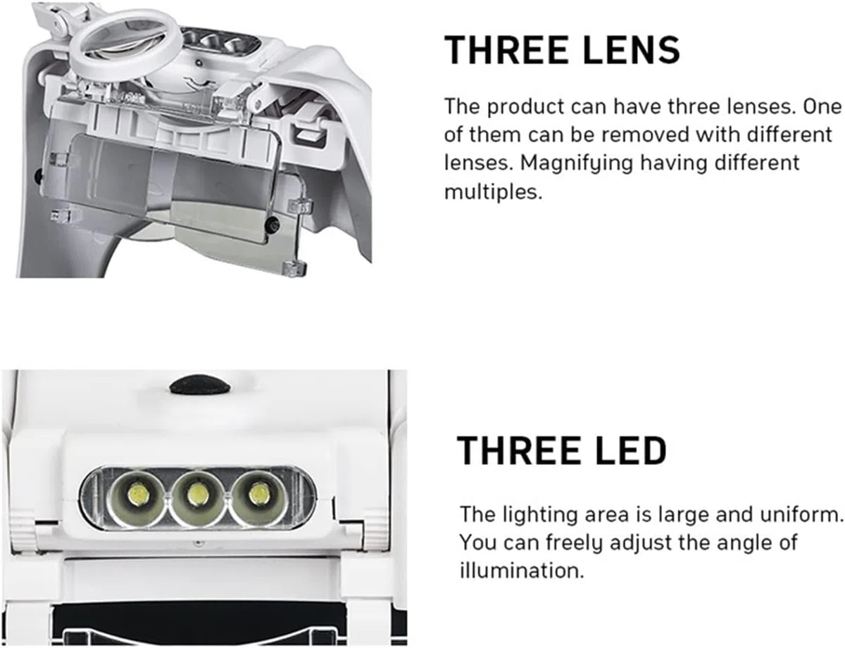 Lámpara de lupa para montaje en la cabeza, lupa con luz LED, diadema, lupa para joyero, lupa, manualidades, cuello de cisne flexible, brazo de matrimonio,
