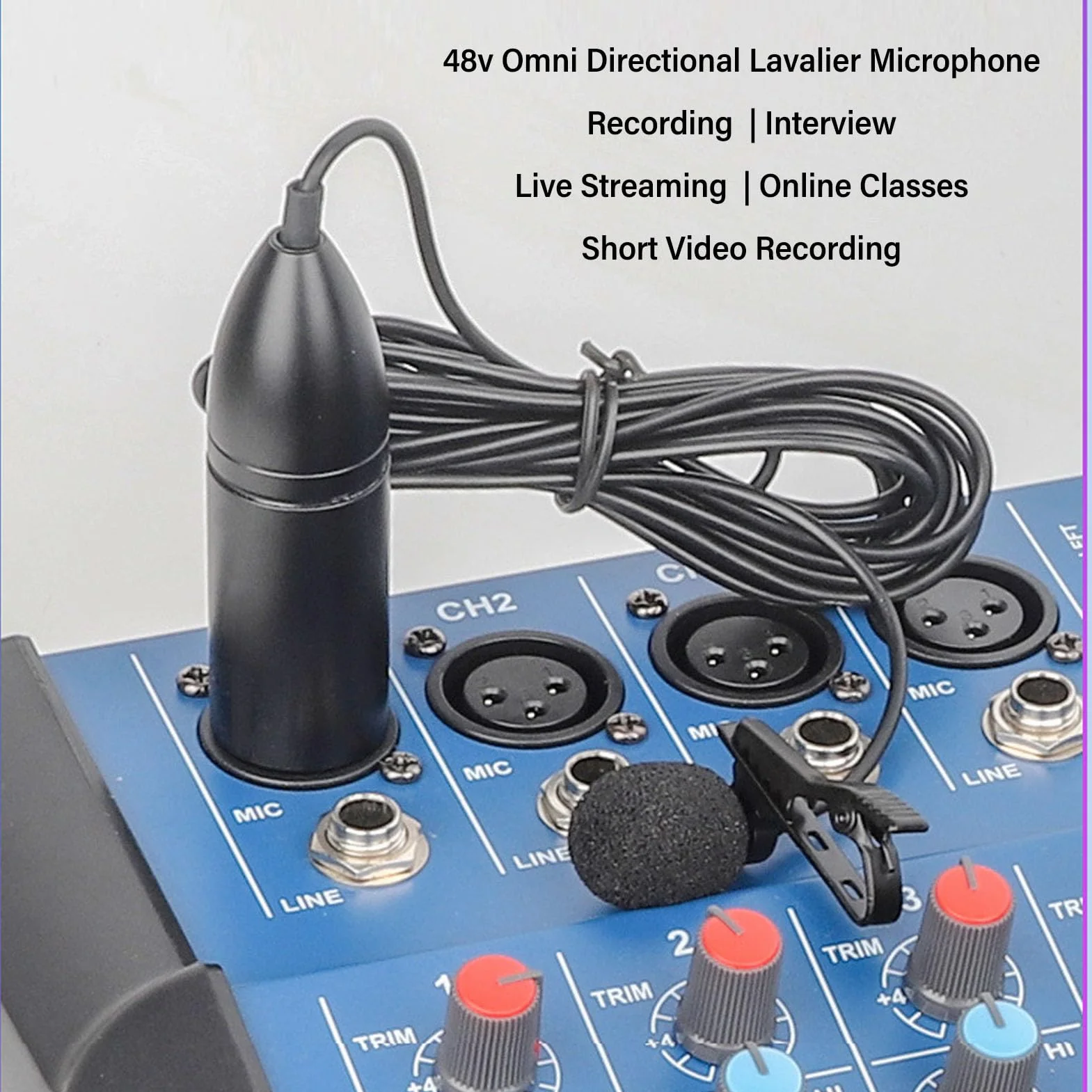 Micrófono Lavalier, Micrófono Lavalier Power de 48 V, Micrófono de Solapa Omnidireccional Mono XLR de 3 Pines, Micrófono con Clip para Grabaciones de Vídeo, Podcasting,