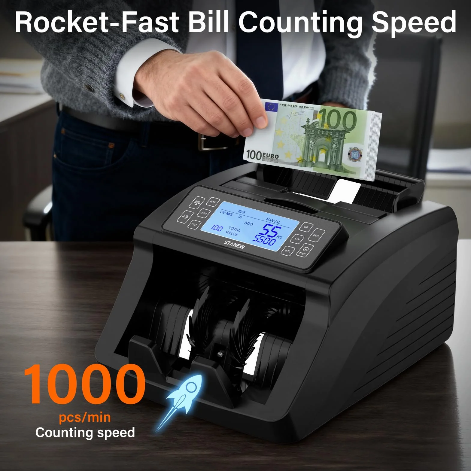 Contador de billetes STANEW, modos de conteo por lotes y cortes, contador de billetes profesional Euro,UV/MG/IR, velocidad >1000pcs/min, EUR/USD/GBP,Contador de billetes portátil con póster