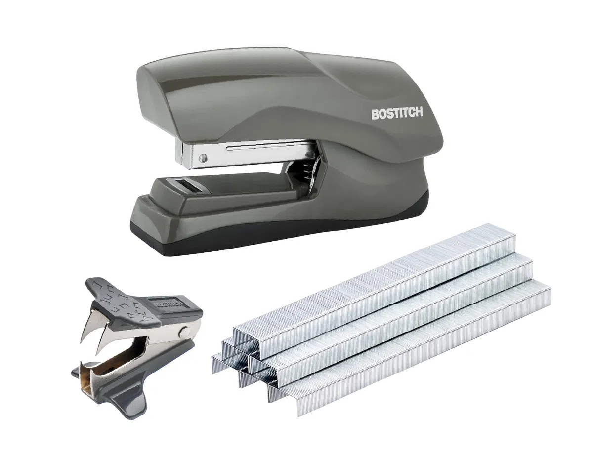 Bostitch Office - Grapadora resistente de 40 hojas con 1250 grapas y removedor de garras, tamaño pequeño, cabe en la palma de tu mano, paquete económico, gris (B175-GRAY-VP)