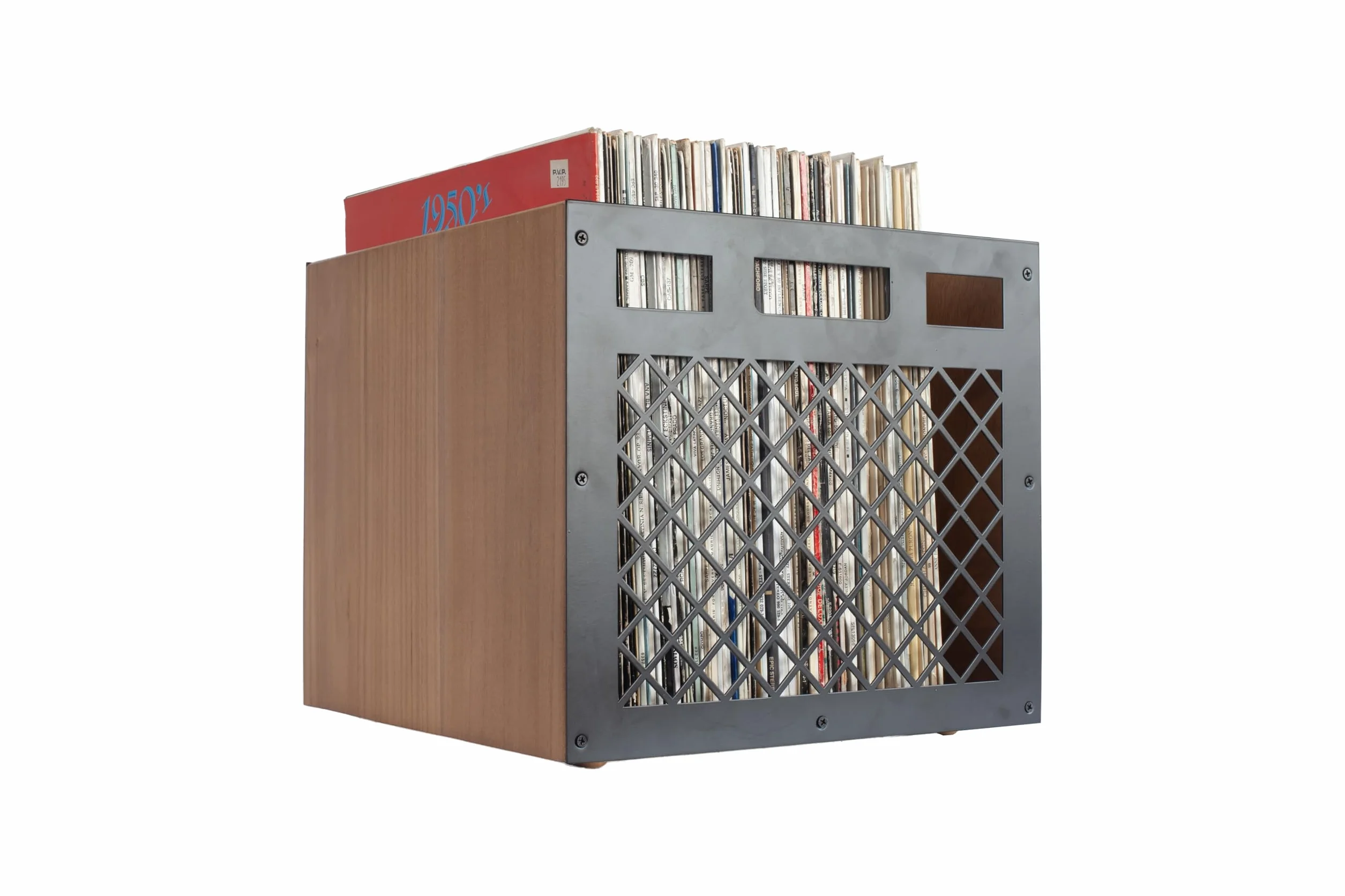 Organizador de Discos de Vinilo en Madera Maciza Nogal - Soporte de Mesa para 70 LPs - Mueble de Almacenamiento Estilo Clásico - Estantería Resistente con Acero al Carbono