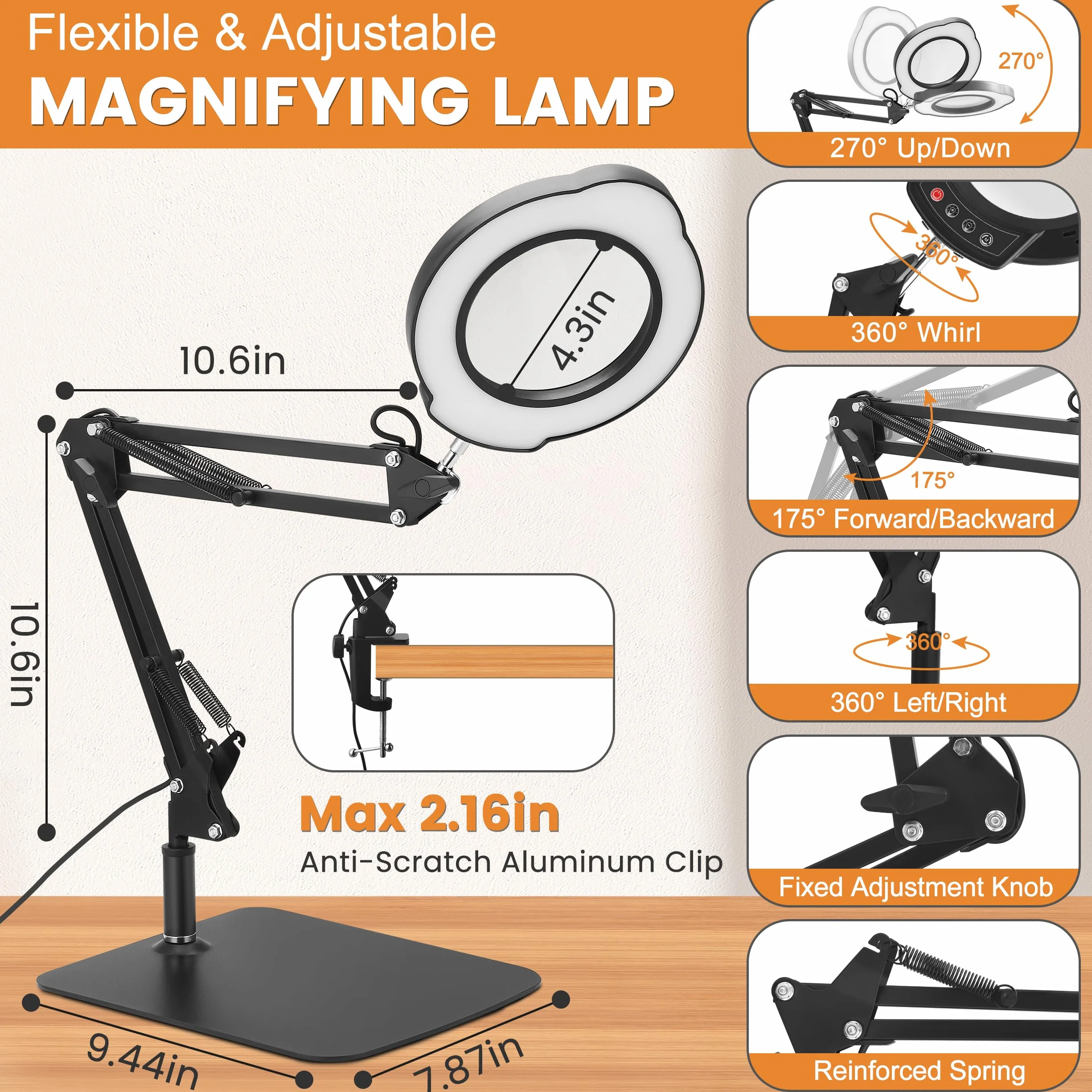 Lupa con Luz 15X, 5 temperaturas de Color y 10 Niveles de Brillo, Lupa Multifuncional con Brazos Flexibles y Cabezal Giratorio de 360°, Ideal para Leer Magnifying Glass