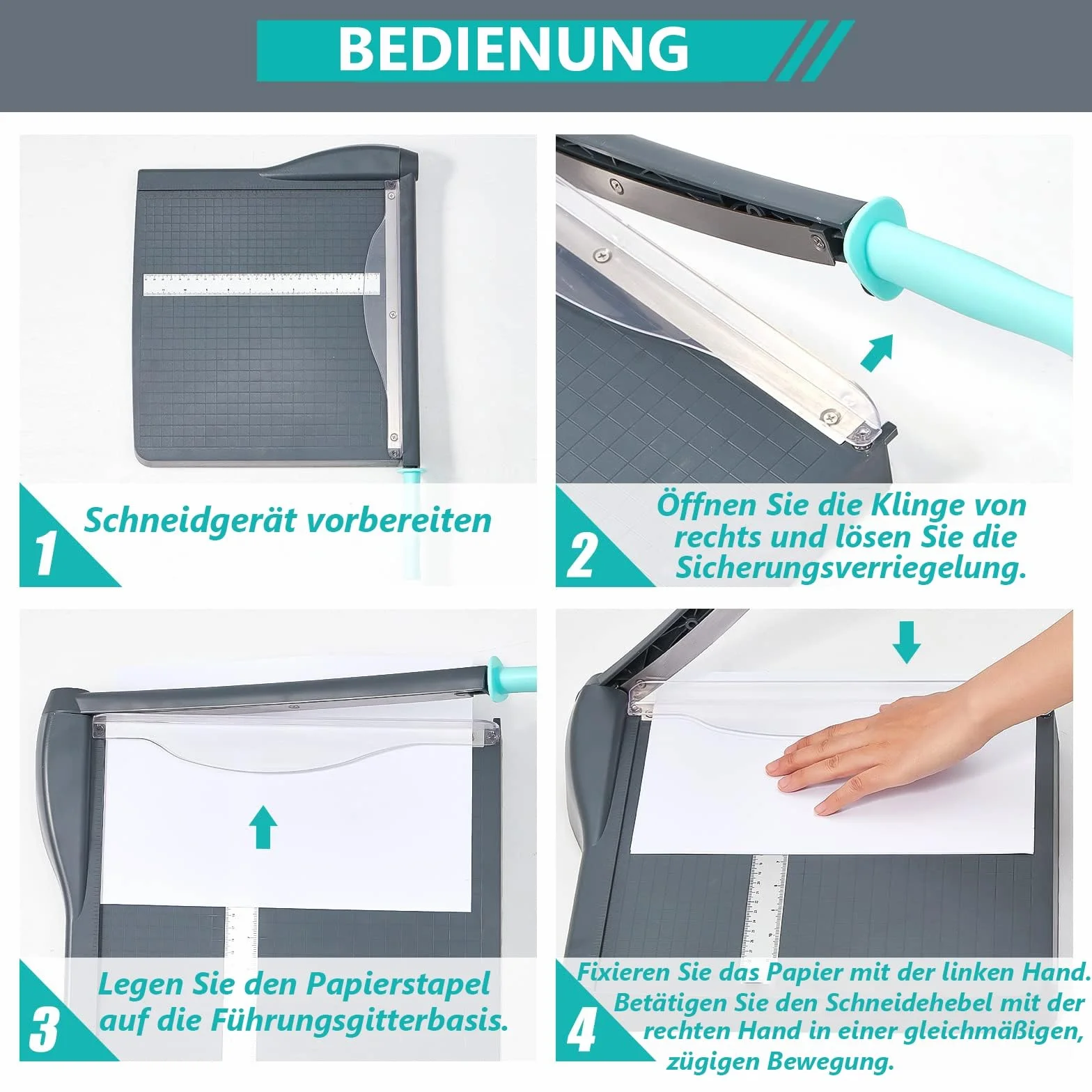 Guillotina de Papel Manual con Protección de Seguridad y Bloqueo de Cuchilla, Cizalla Papel A4 B5 A5 B6 B7, Cortador de Papel Profesional Capacidad 16 Hojas, Perfecto para Fotos, Papel, Tarjeta, Gris