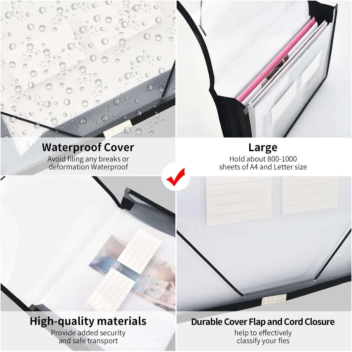 Carpeta de archivos expandible organizador de documentos con solapa y cierre de cable, transparente impermeable, expansión de 2,8 pulgadas, letra A4 para organización, paquete de 5