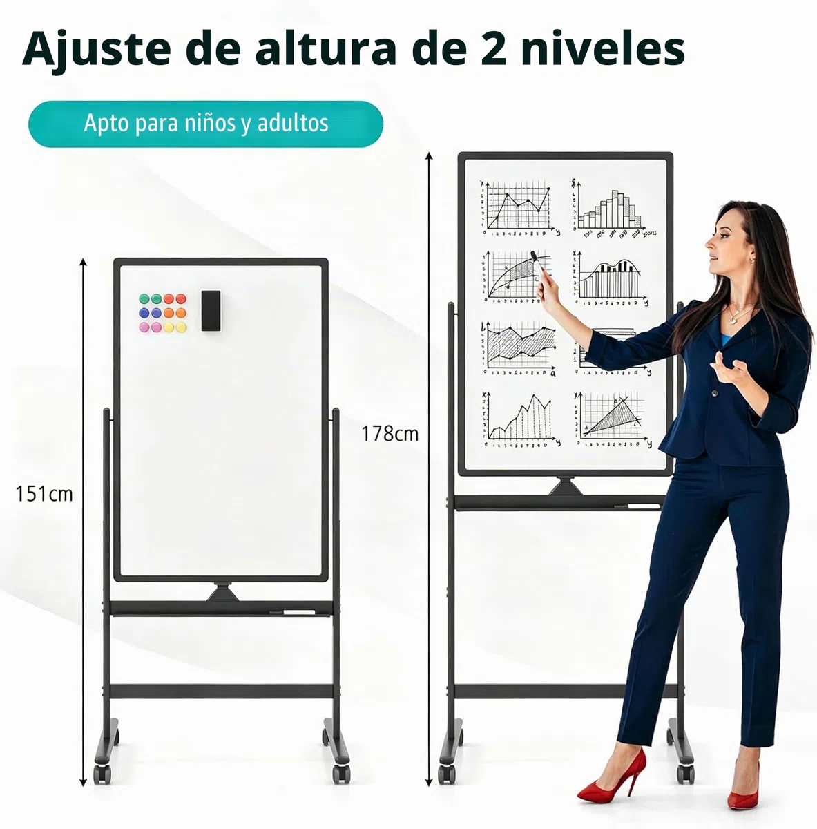 GIANTEX Pizarra Blanca Móvil de Doble Cara, 60 x 90 cm, Pizarra Magnética con Patas Ajustable en 2 Niveles, con Borrador en Seco, Marcadores Negros, Imanes, Pizarra de Caballete con Ruedas (Negro)