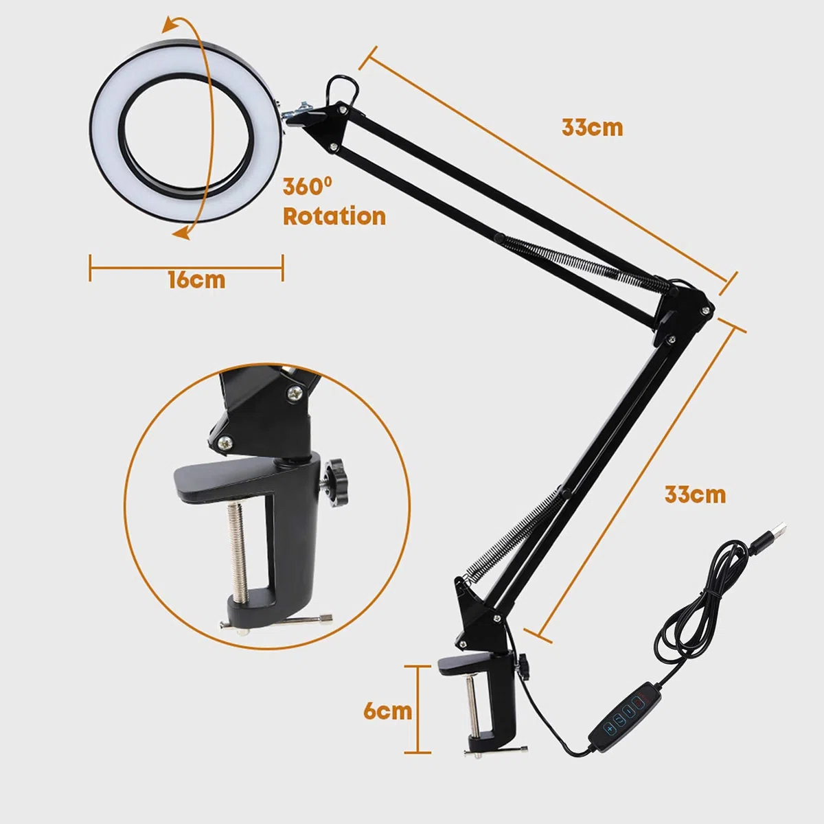 Lámpara de aumento LED con abrazadera, 1,500 lúmenes, regulable sin escalonamientos, 3 modos de color, brazo giratorio ajustable, luz de lupa iluminada para lectura, manualidades, trabajo cercano, 8 a