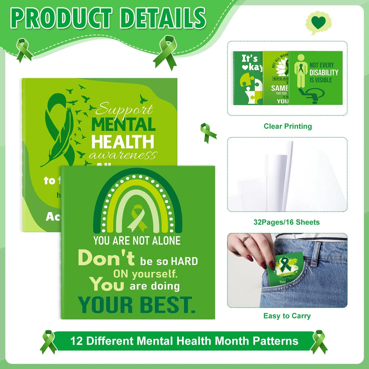 120 blocs de notas de concienciación sobre la salud mental, a granel, cinta de concienciación verde, mini bloc de notas, cuaderno de bolsillo para regalos de fiesta del mes de salud mental (4 x 4