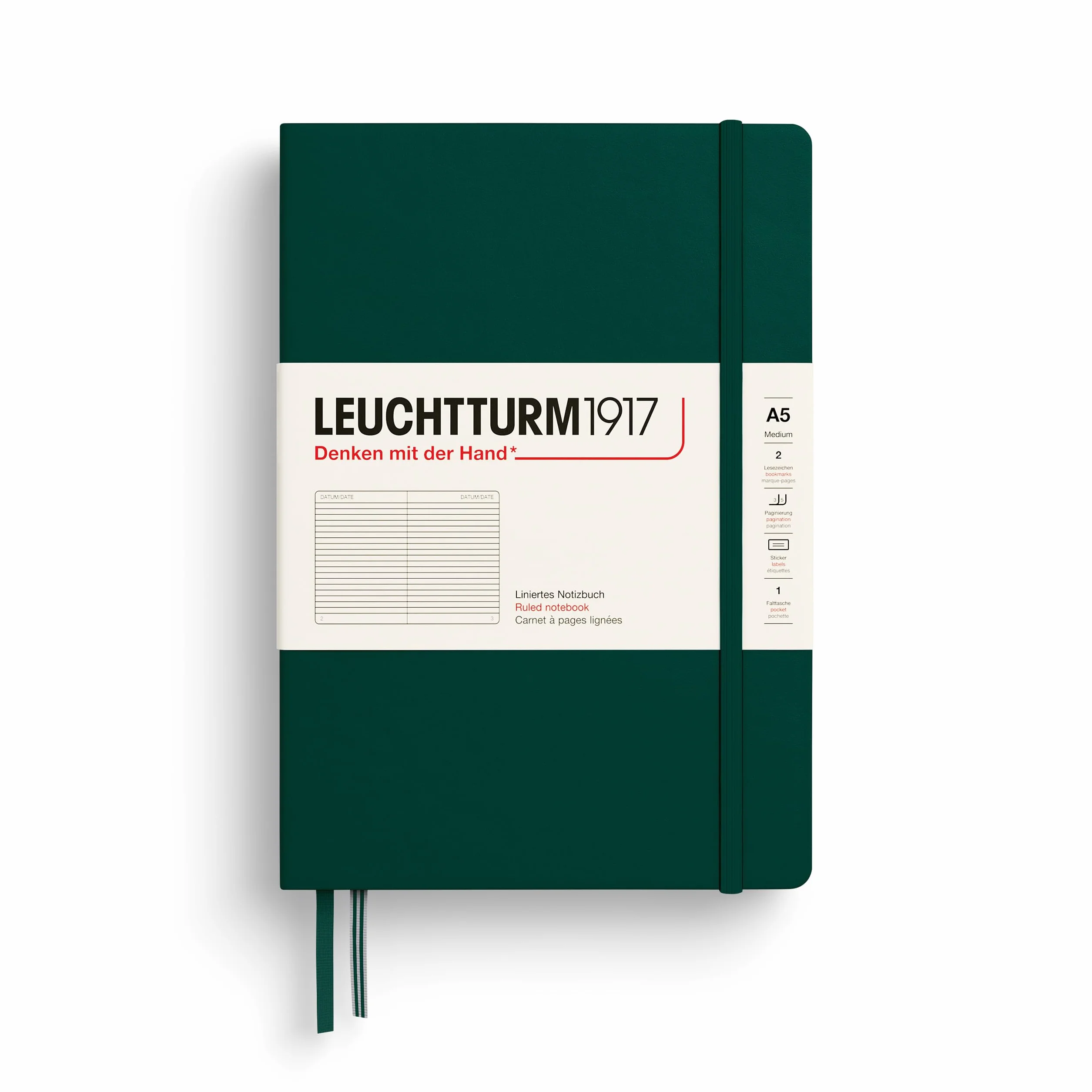 LEUCHTTURM1917 367256 Libreta Medium (A5) 145 x 210 mm, Tapa Dura, 251 páginas numeradas, Forest Green, Lineas