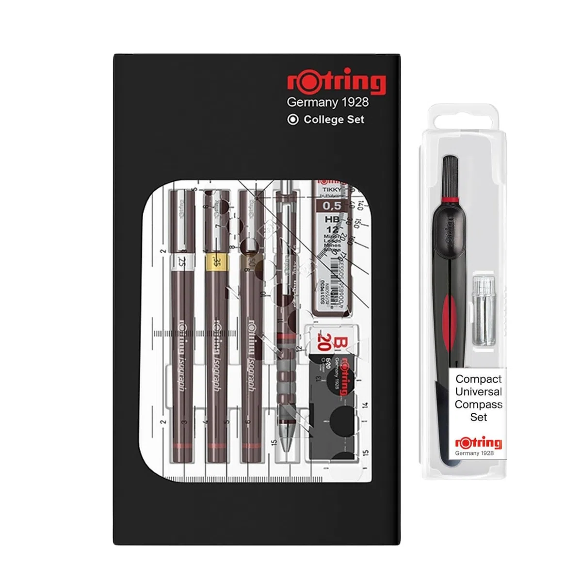 rOtring Isograph College - Juego de bolígrafos técnicos de 0,25/0,35/0,5 mm + lápiz mecánico Tikky 0,5 + tinta + borrador + brújula universal - Kit de dibujo y dibujo recargable