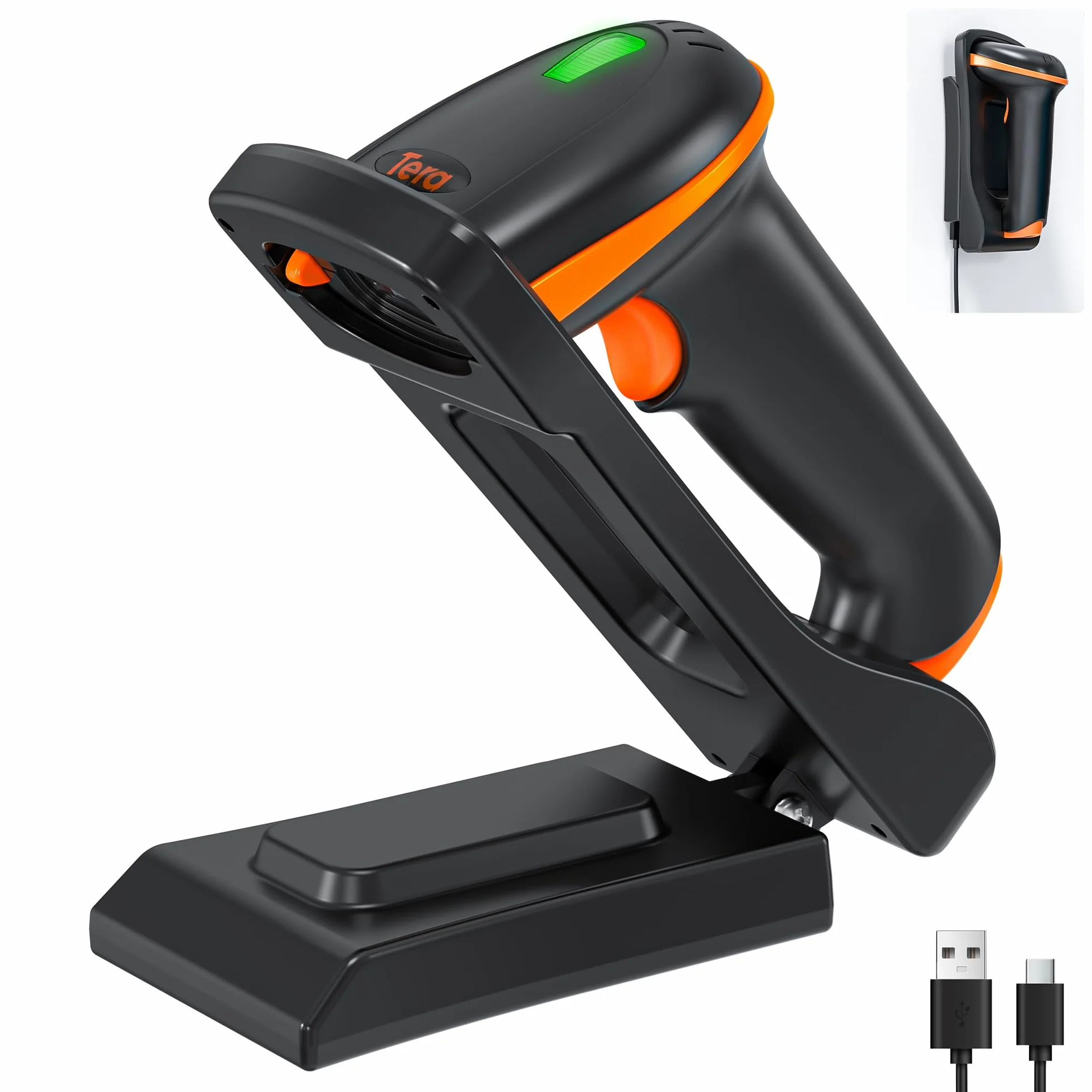 Tera Escáner de Código de Barras 1D 2D QR Inalámbrico 2.4G + USB 2.0 con Cable Mano Lector de con El Soporte Plegable Ajustable y la Base de Carga se Pueden Montar en la Pared, D5100-Z