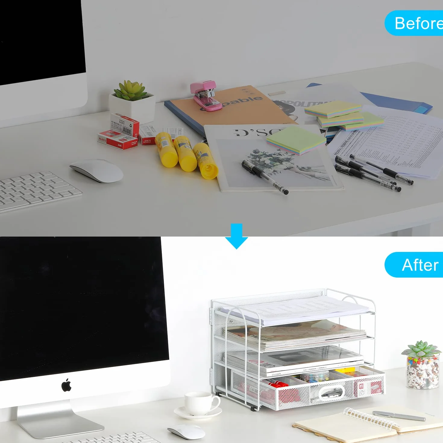 EasyPAG 4 Niveles Metal Malla A4 Bandeja Oficina Organizador Documentos Almacenamiento Papeles Soporte Archivador Clasificador Escritorio Estante Carta con Cajón, Blanco