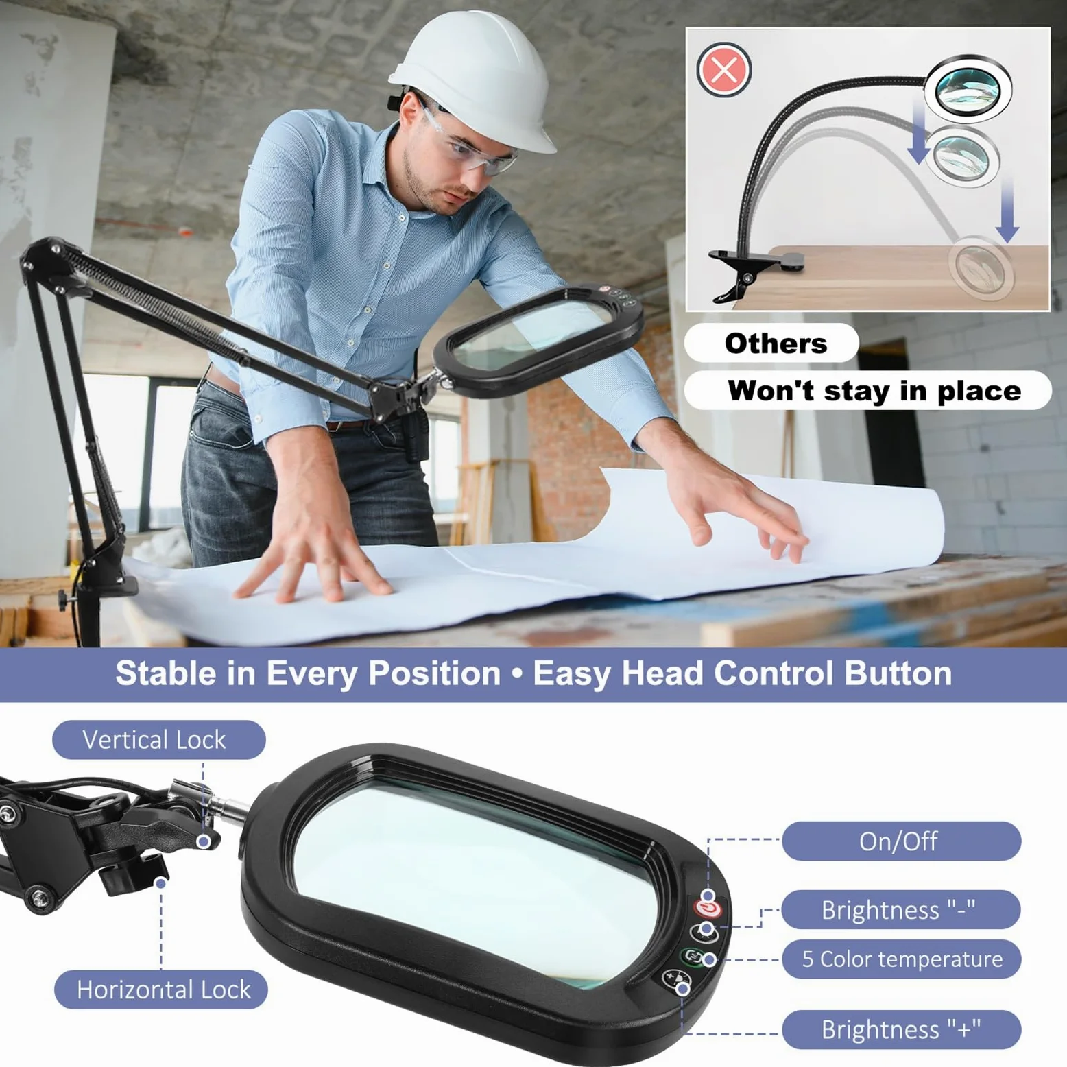 Lupa de 10 unidades con luz y pinza, lupa de cristal real LED con luz y soporte, 5 modos de color regulable para personas mayores, lupa de brazo giratorio manos libres para manualidades, aficiones