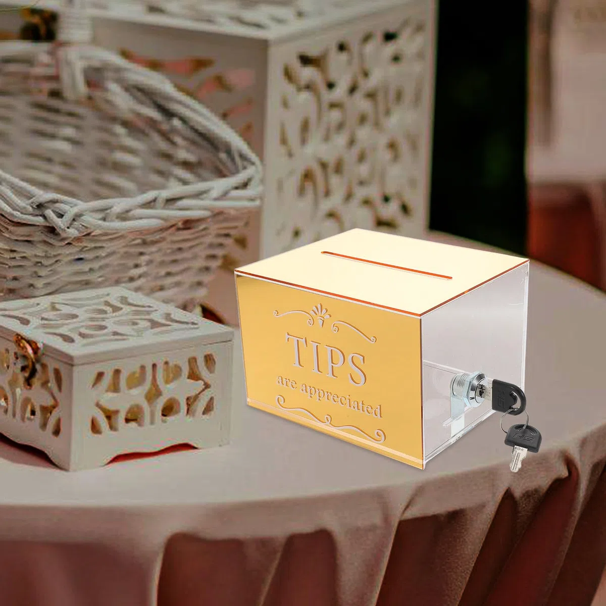 Housoutil Caja de Donaciones Diseño Versátil y Resistente con Cerradura de Acrílico Dorado Buzón Seguro para Propinas para Restaurantes y Eventos