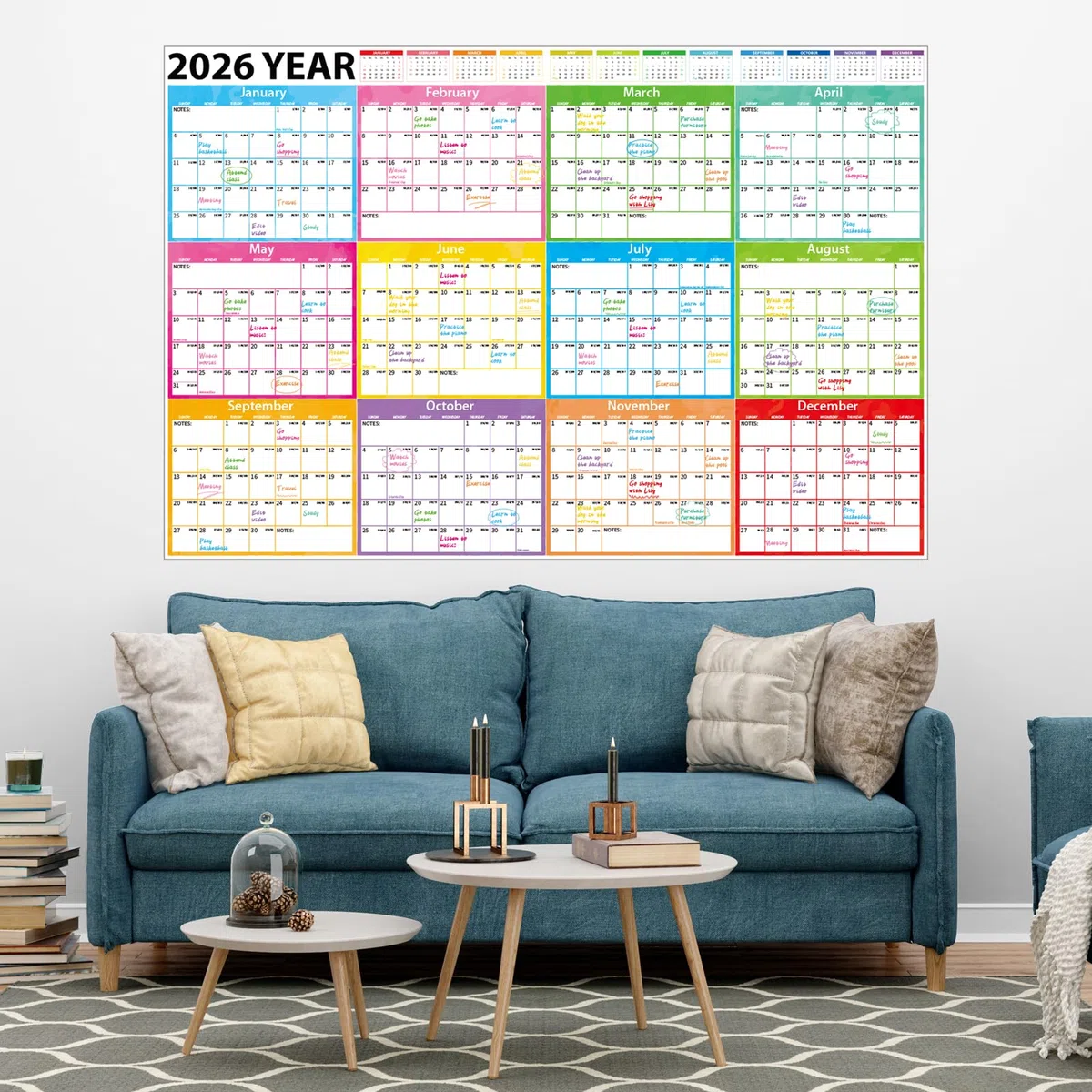 Calendario anual de pared 2026-2027 de 48 x 32 pulgadas, planificador anual de pared grande laminado borrable, borrado en húmedo y seco, calendario anual de 24 meses para oficina, escuela