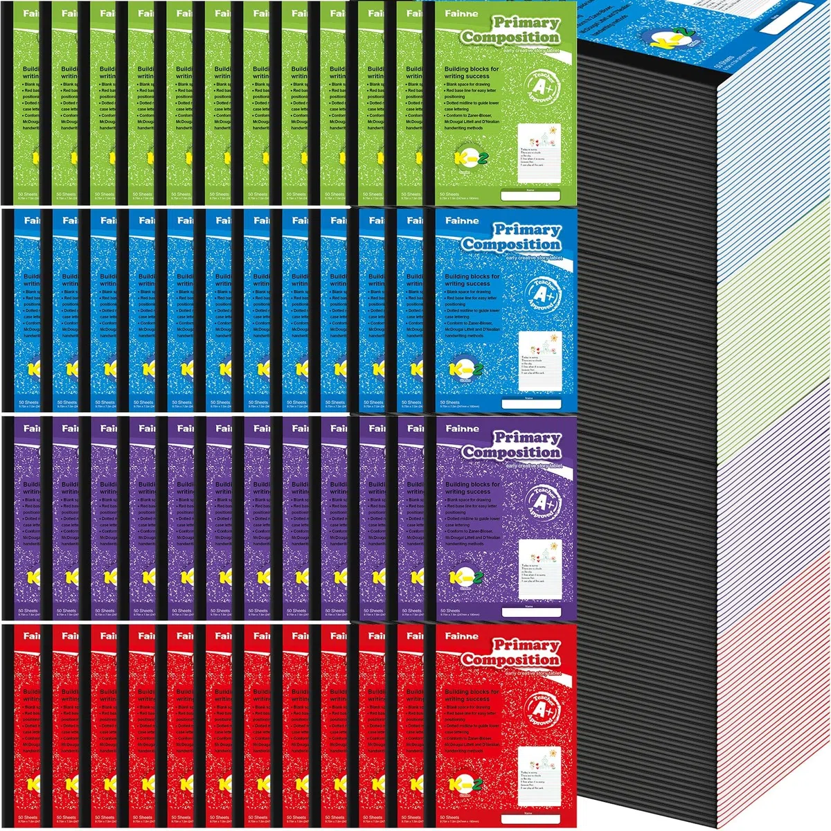 Fainne 50 paquetes de cuadernos de composición primaria, diario primario a granel, grado K-2, 9 3/4 x 7 1/2 pulgadas, libro de composiciones a rayas para niños para dibujar y escribir suministros
