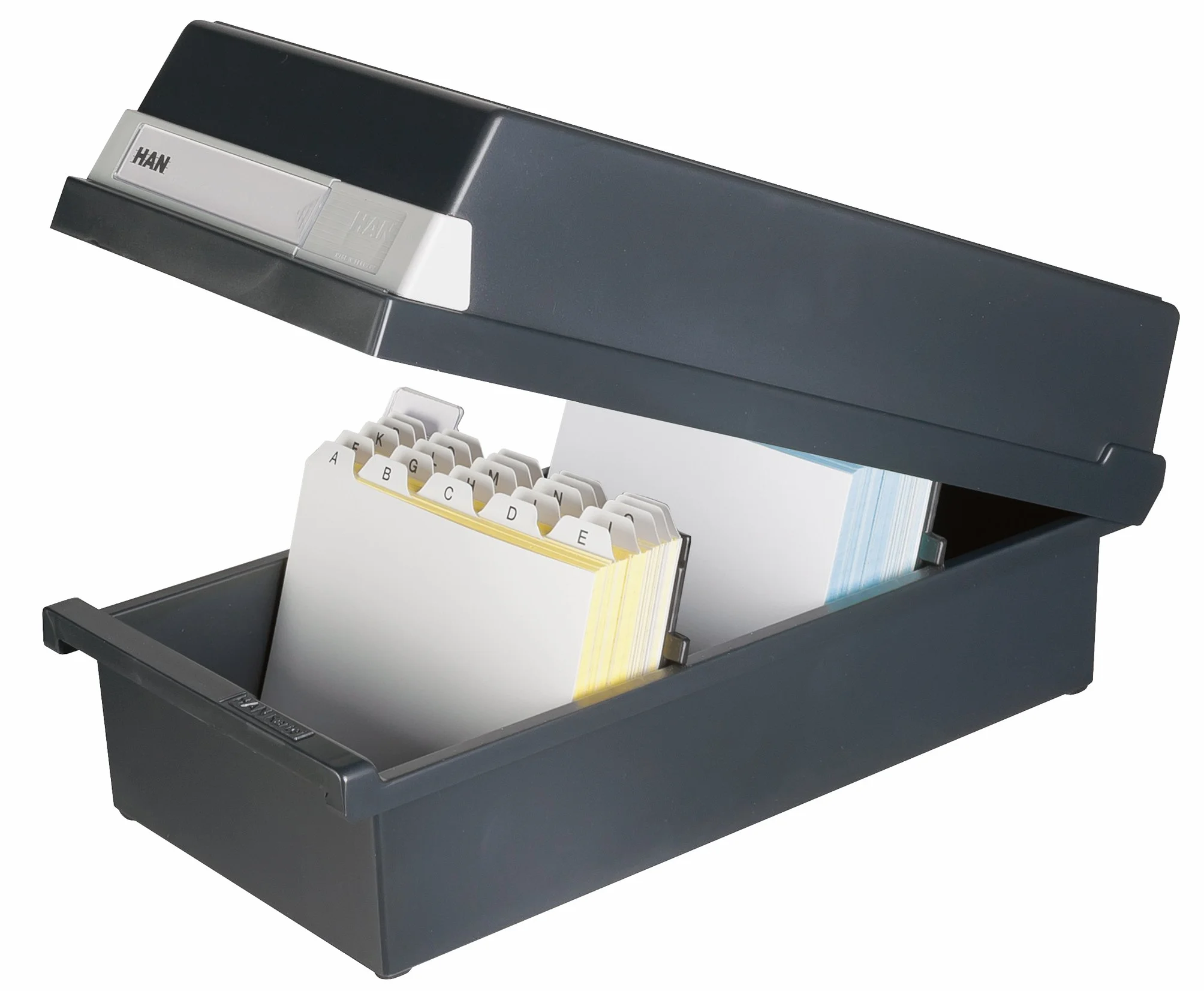 HAN 854956-13 - Cajón para tarjetas, fabricado en poliestireno, capacidad para 1300 tarjetas aprox., A6 horizontal, 177 x 140 x 360 mm, color negro
