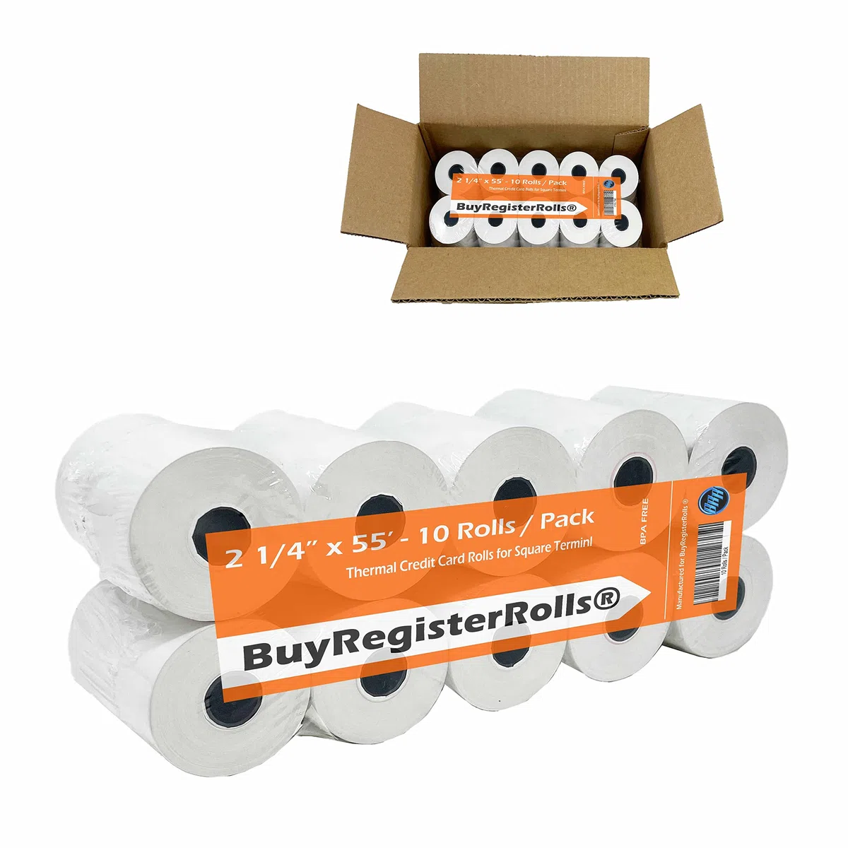 Rollo de papel de recibo para máquina de tarjetas de crédito Terminal Cuadrado 2 1/4 x 55 (10 rollos) BuyRegisterRolls