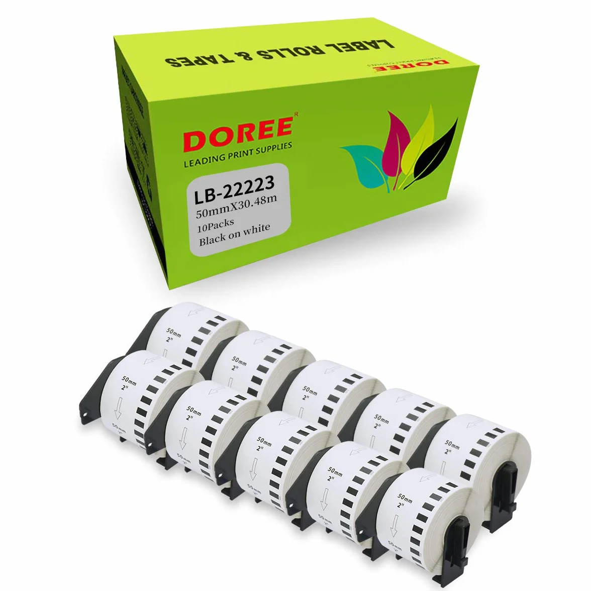 DOREE 10 Rollos DK-22223 de Etiquetas Adhesivas Continuas, compatibles con Brother DK-22223, 50mm × 30,48m, negro sobre blanco, Para impresoras de etiquetas Brother QL-500,QL-550,QL-570,QL-700,QL-800