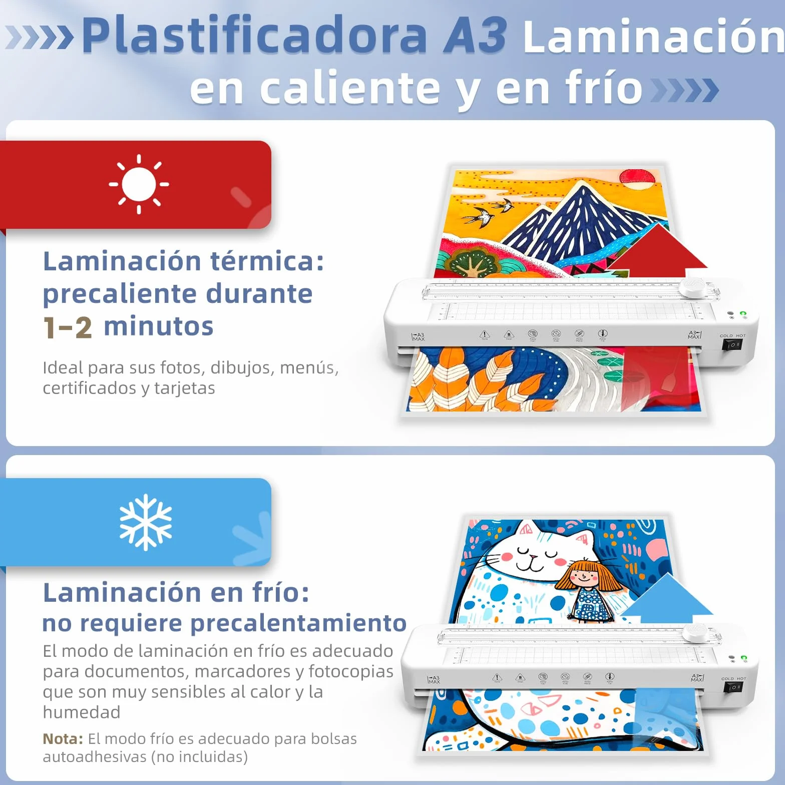 Crenova Plastificadora A3 con 30 Láminas, Máquina de Laminación en Caliente y Frío con Cortador de Papel y Redondeador de Esquinas